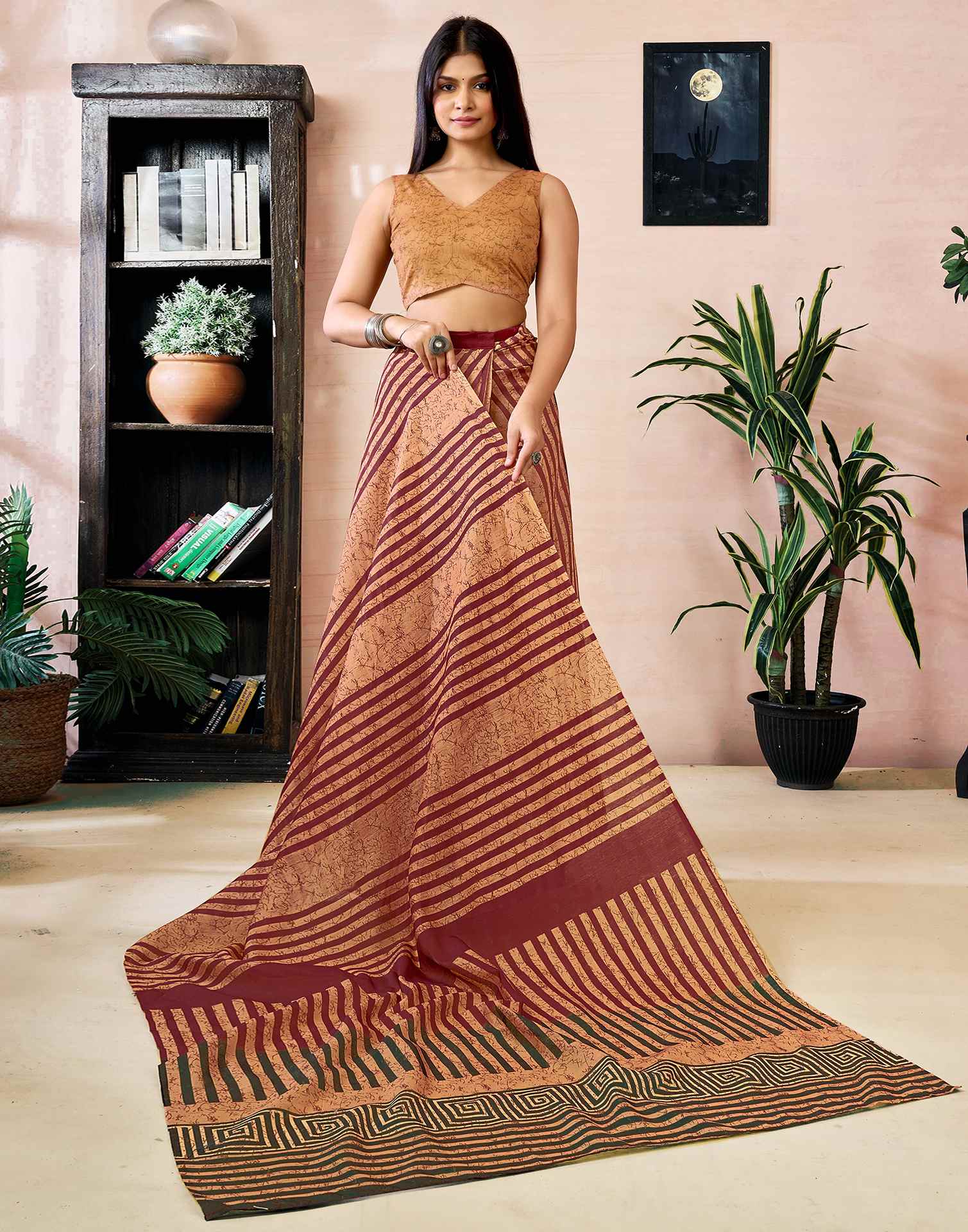 Ready to Wear Light Brown Chanderi Printed Saree