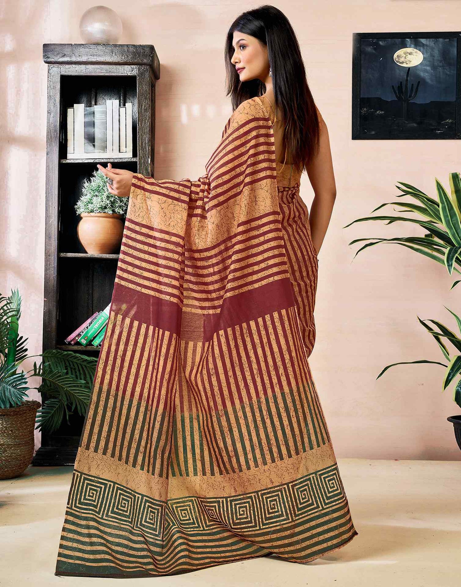 Ready to Wear Light Brown Chanderi Printed Saree