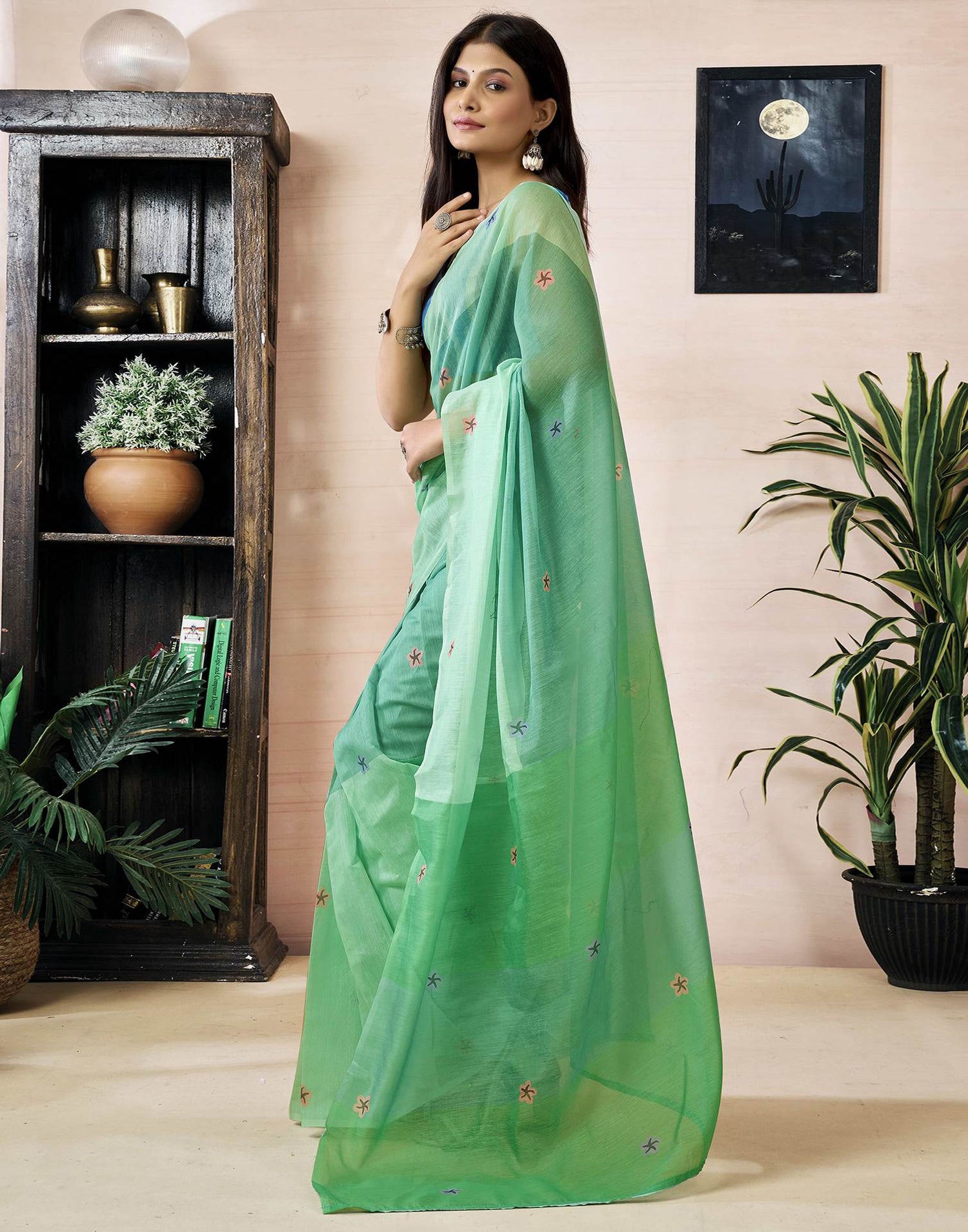 Ready to Wear Light Green Chanderi Printed Saree