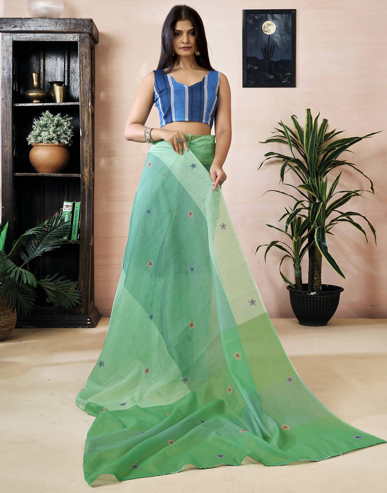Ready to Wear Light Green Chanderi Printed Saree