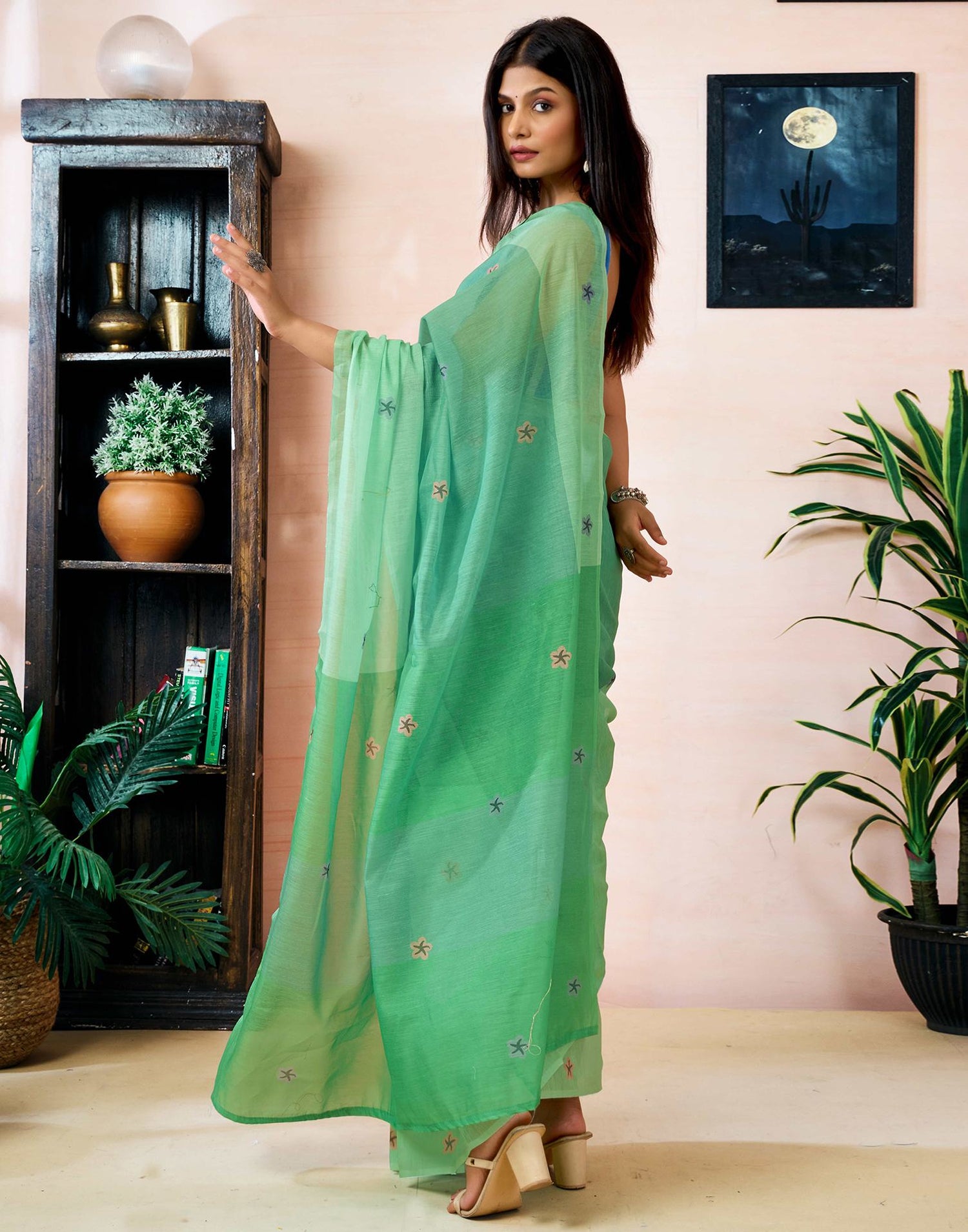 Ready to Wear Light Green Chanderi Printed Saree