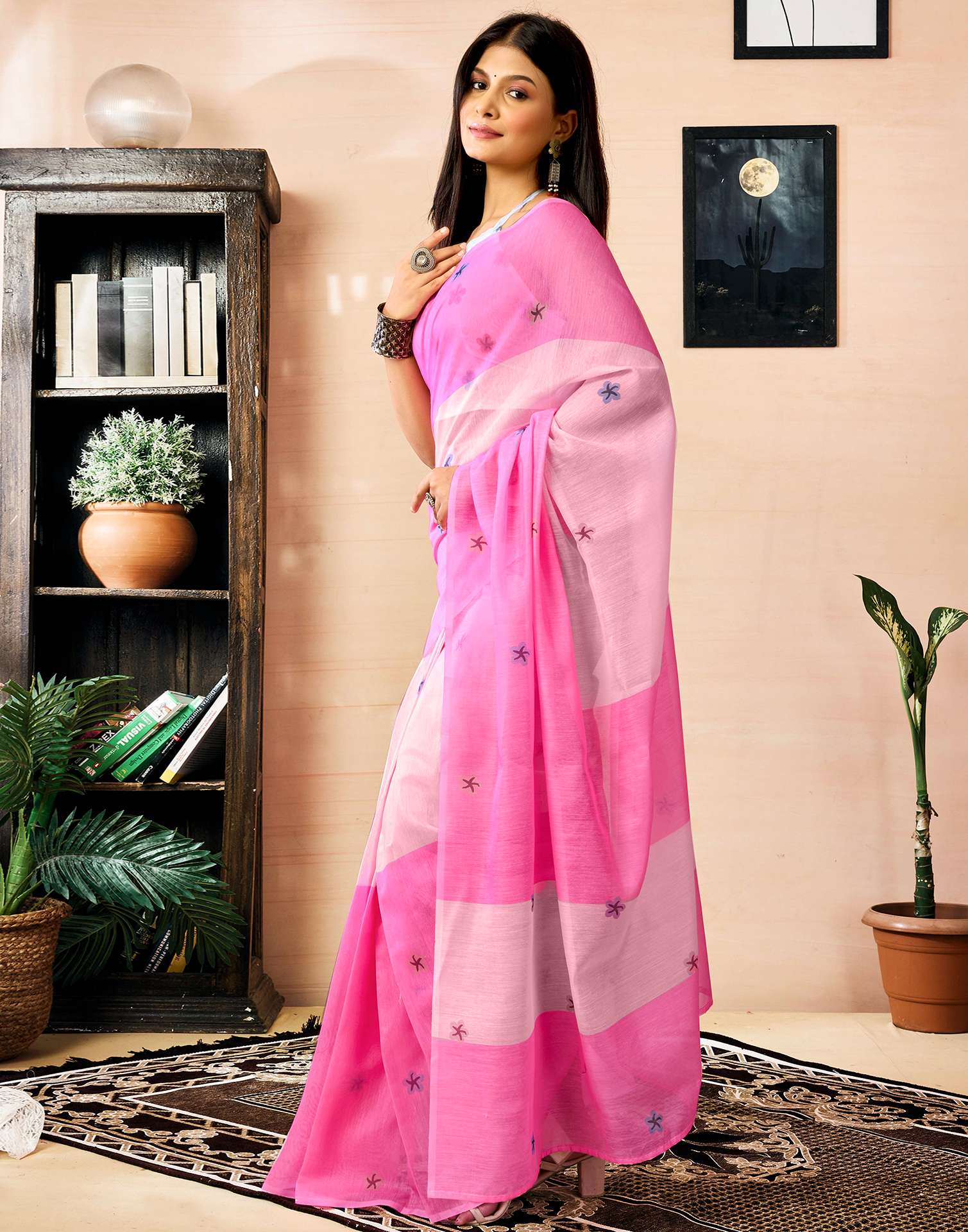 Ready to Wear Pink Chanderi Printed Saree