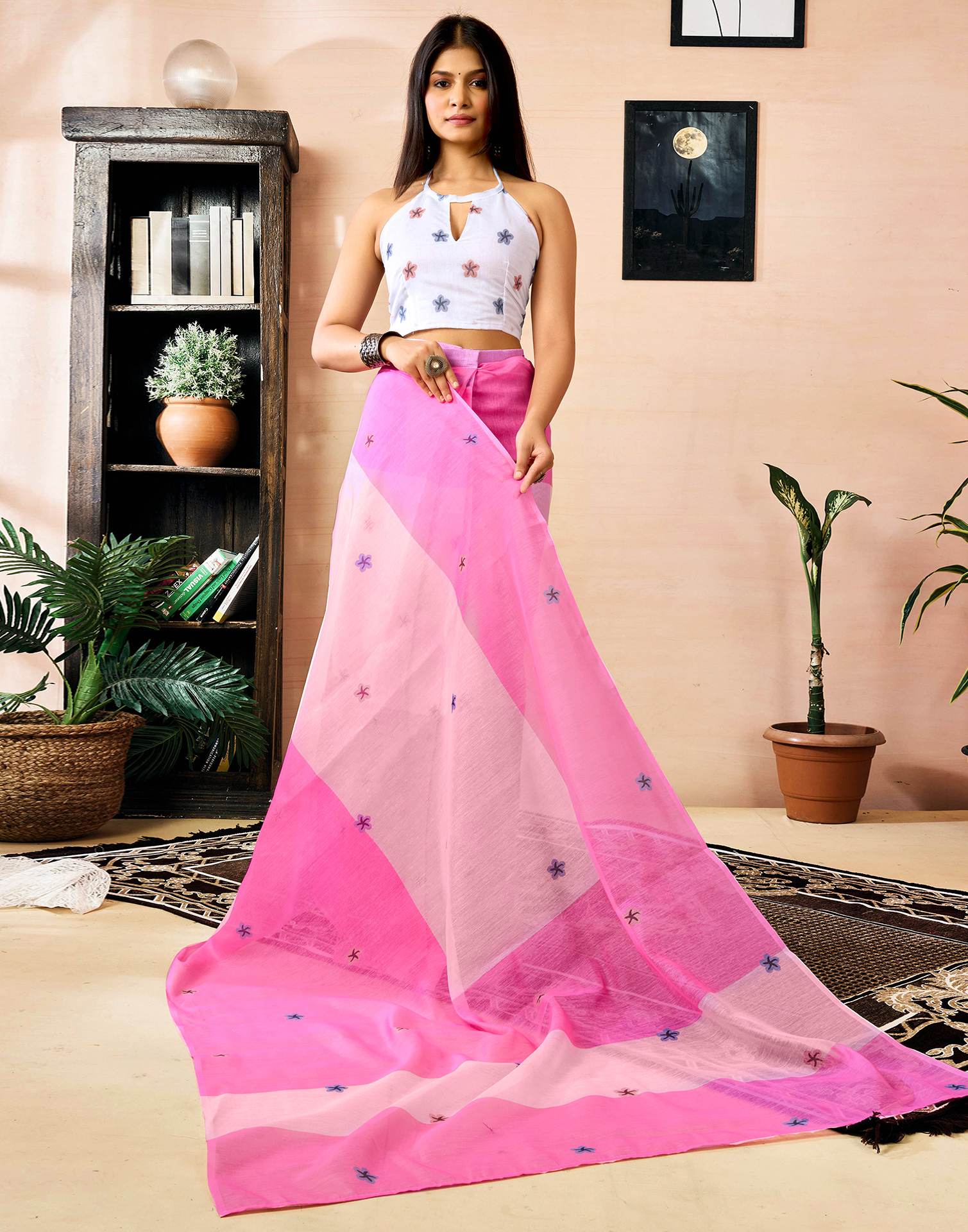 Ready to Wear Pink Chanderi Printed Saree