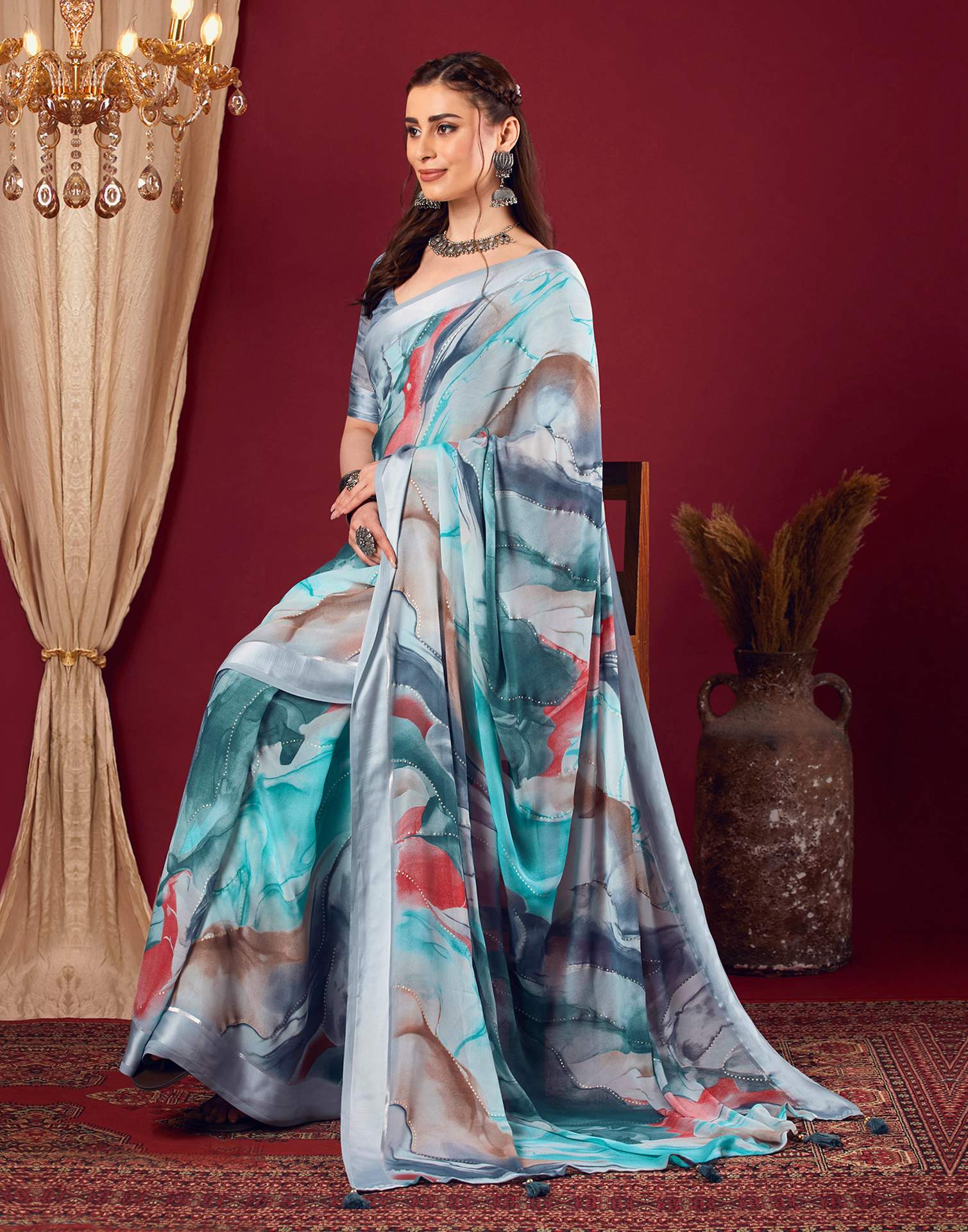 Grey Georgette Printed Saree