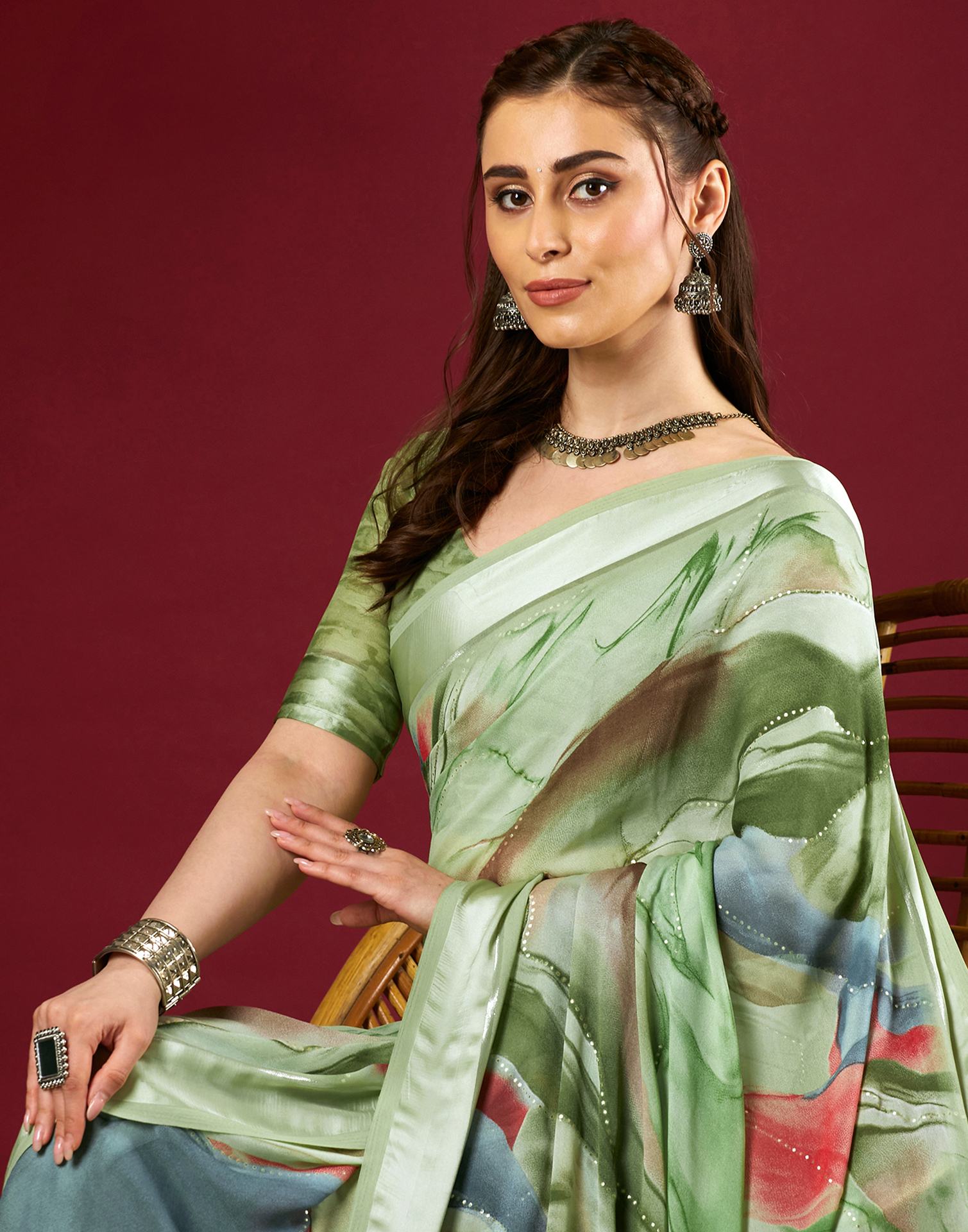 Light Pista Green Georgette Printed Saree