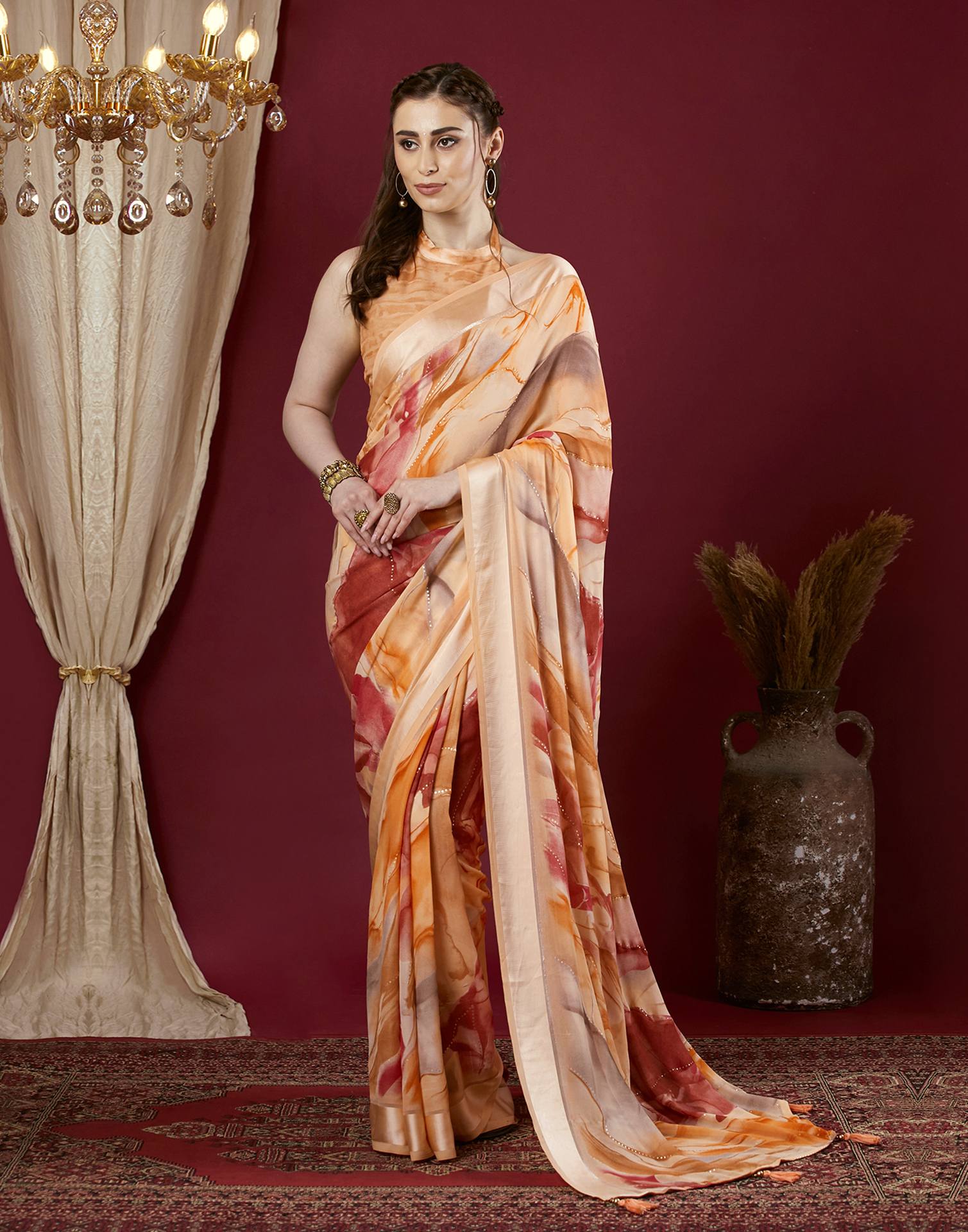 Dark Cream Georgette Printed Saree