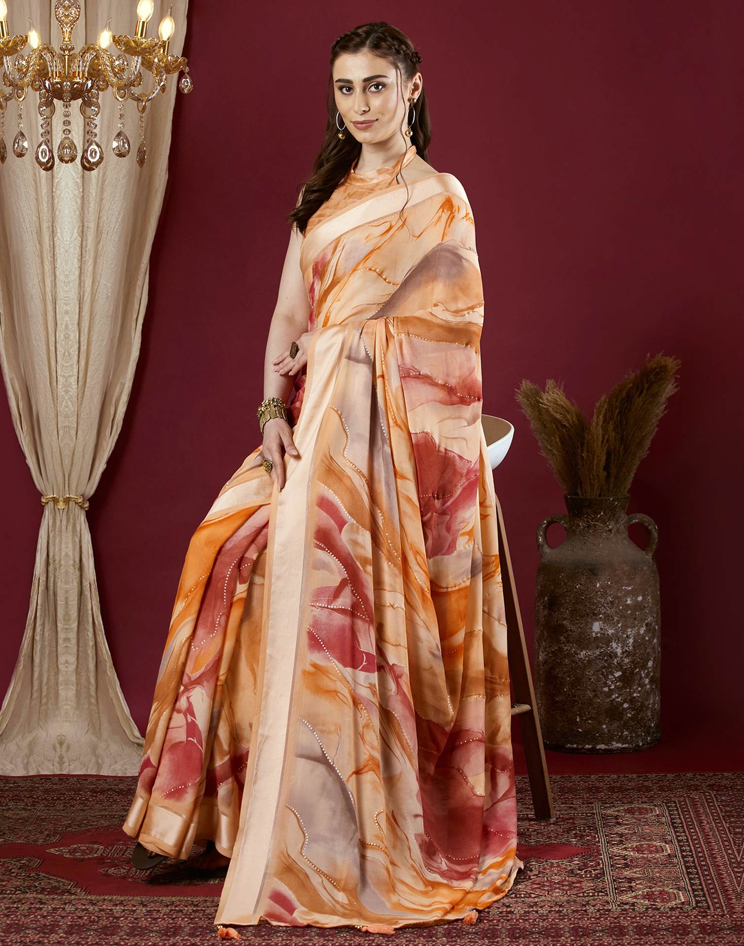 Dark Cream Georgette Printed Saree