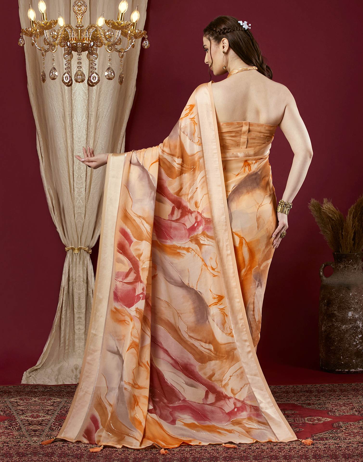 Dark Cream Georgette Printed Saree