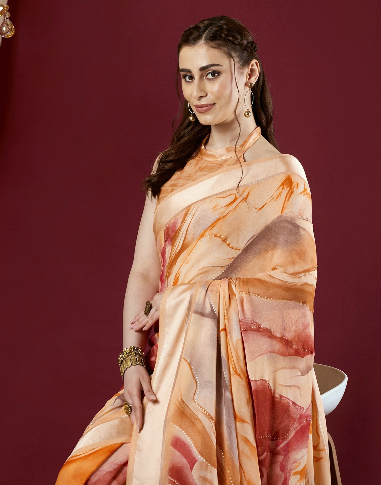 Dark Cream Georgette Printed Saree