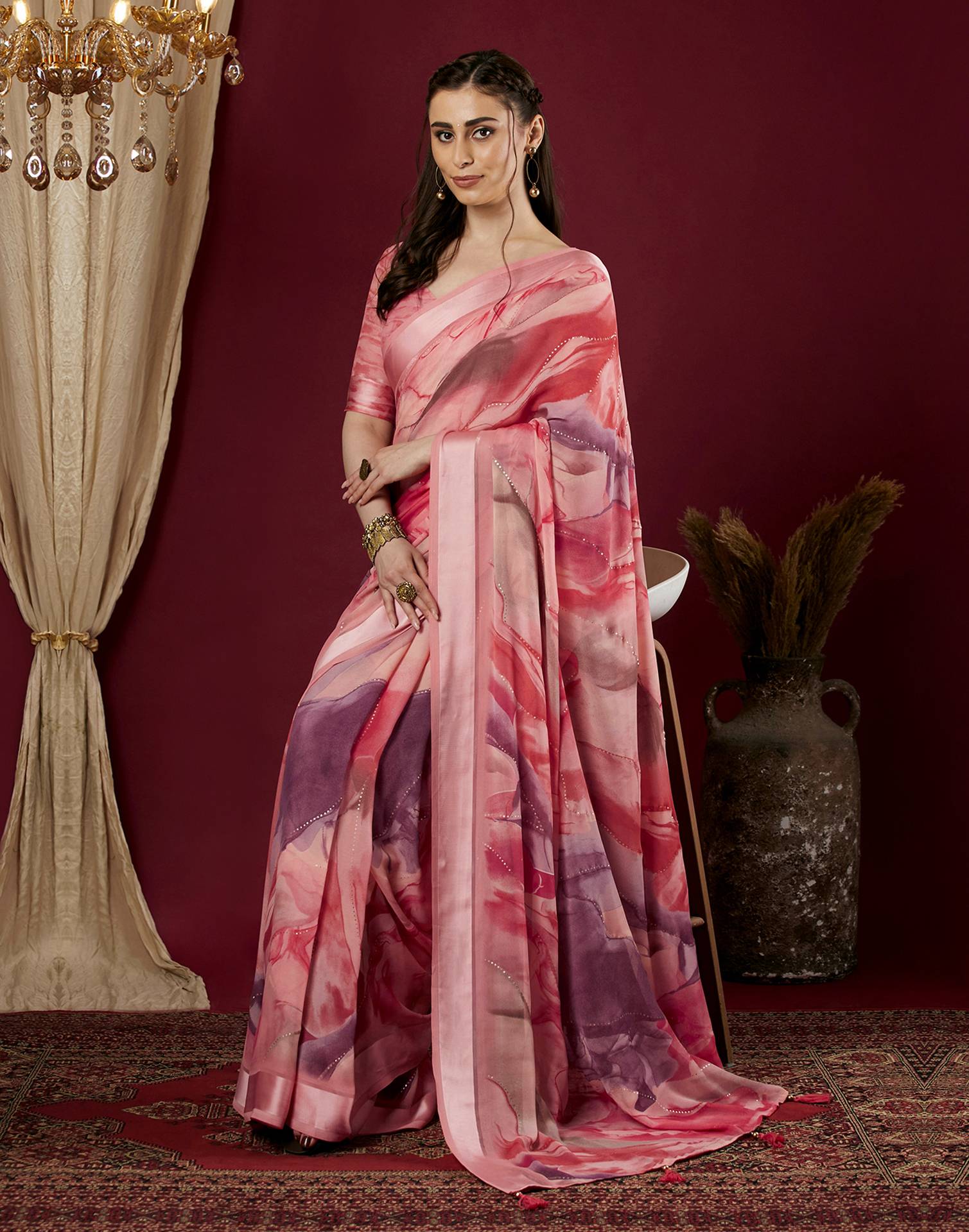 Light Rose Pink Georgette Printed Saree