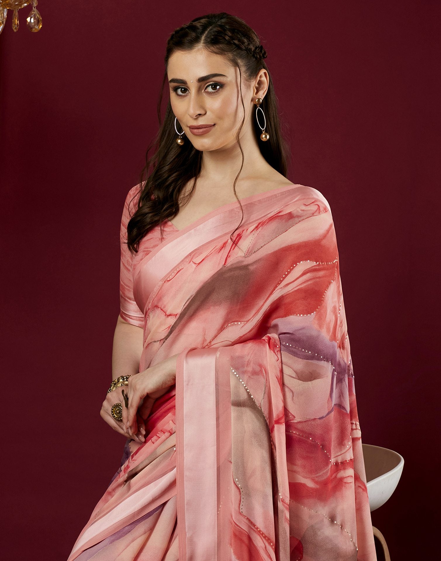 Light Rose Pink Georgette Printed Saree