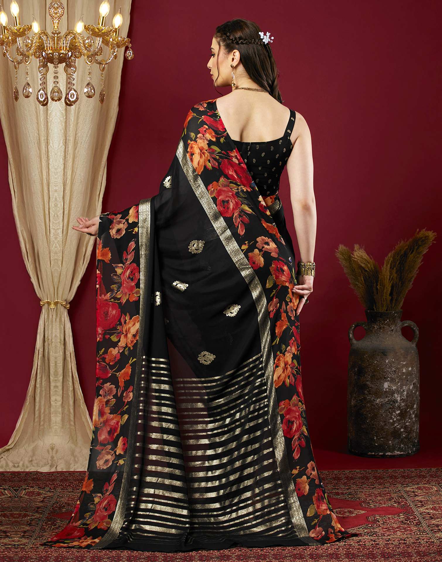Black Georgette Floral Printed Saree