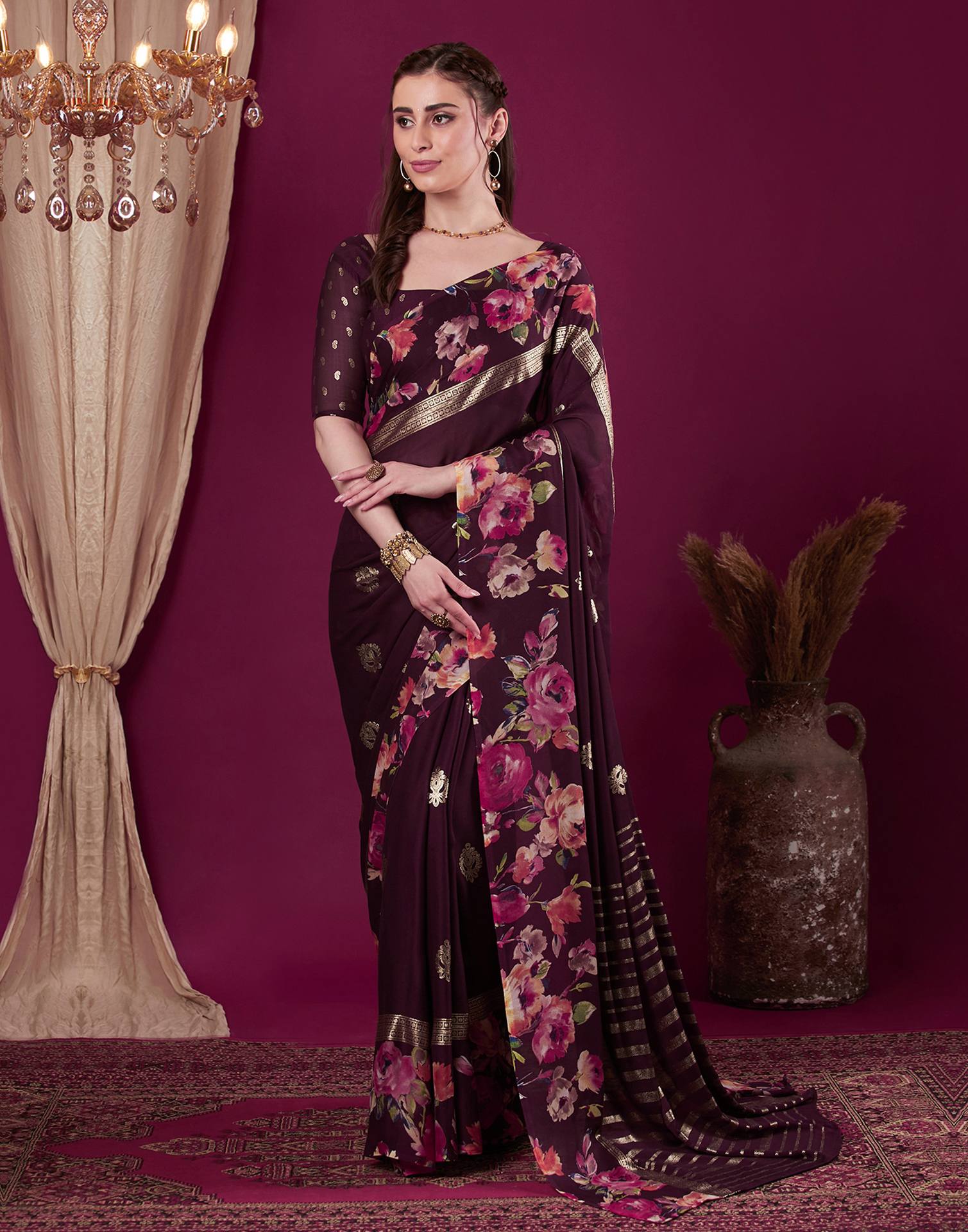 Wine Georgette Floral Printed Saree