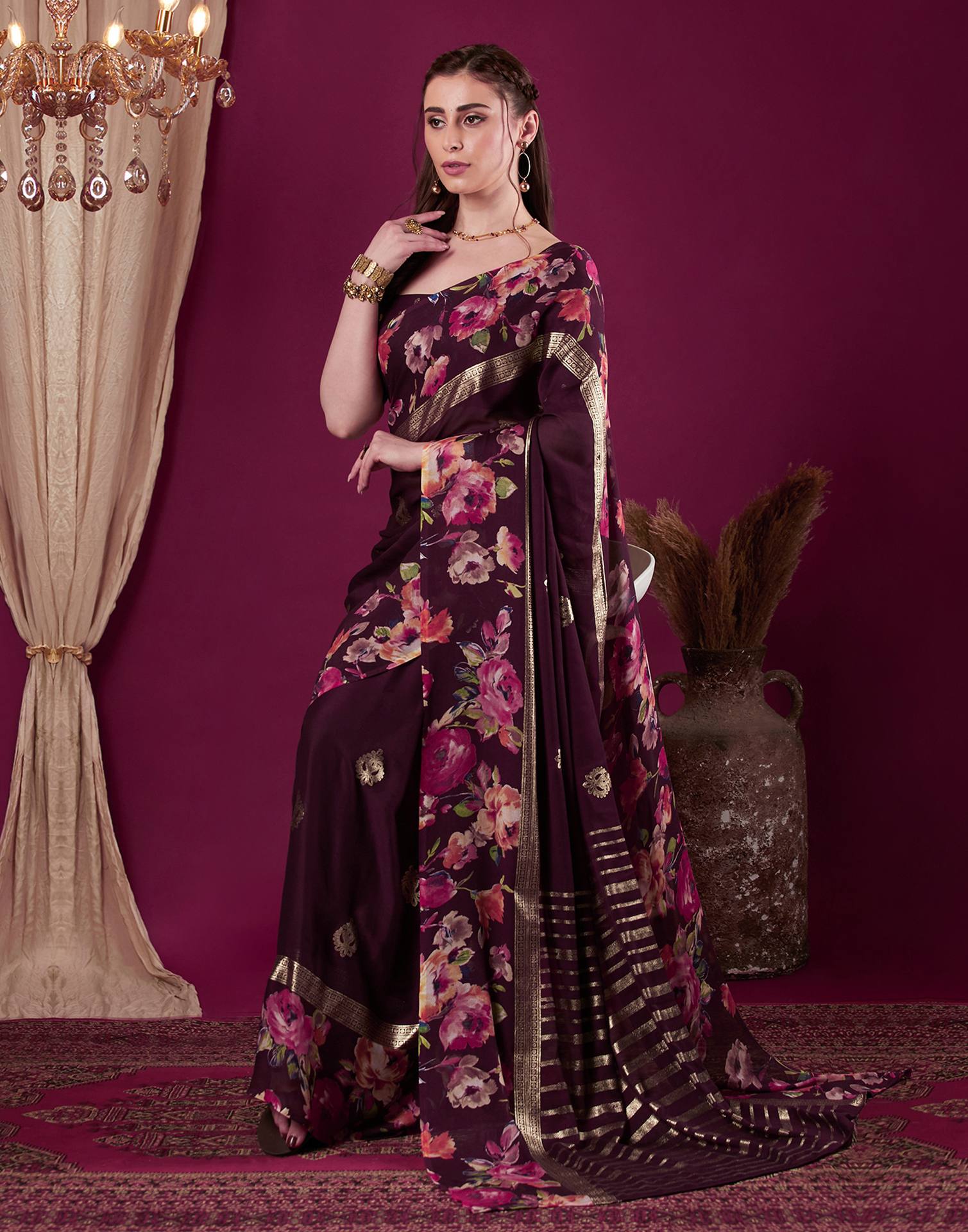 Wine Georgette Floral Printed Saree