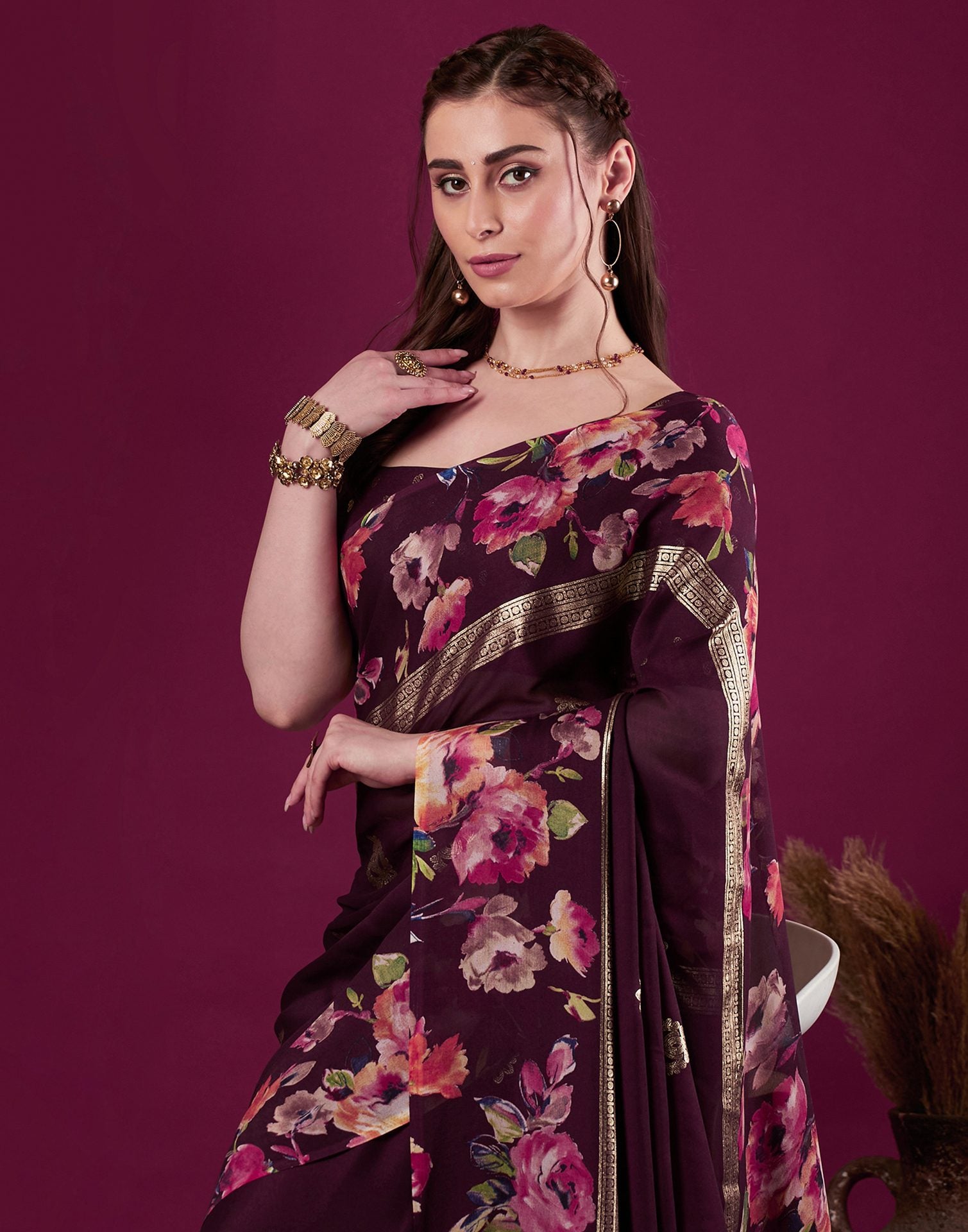 Wine Georgette Floral Printed Saree