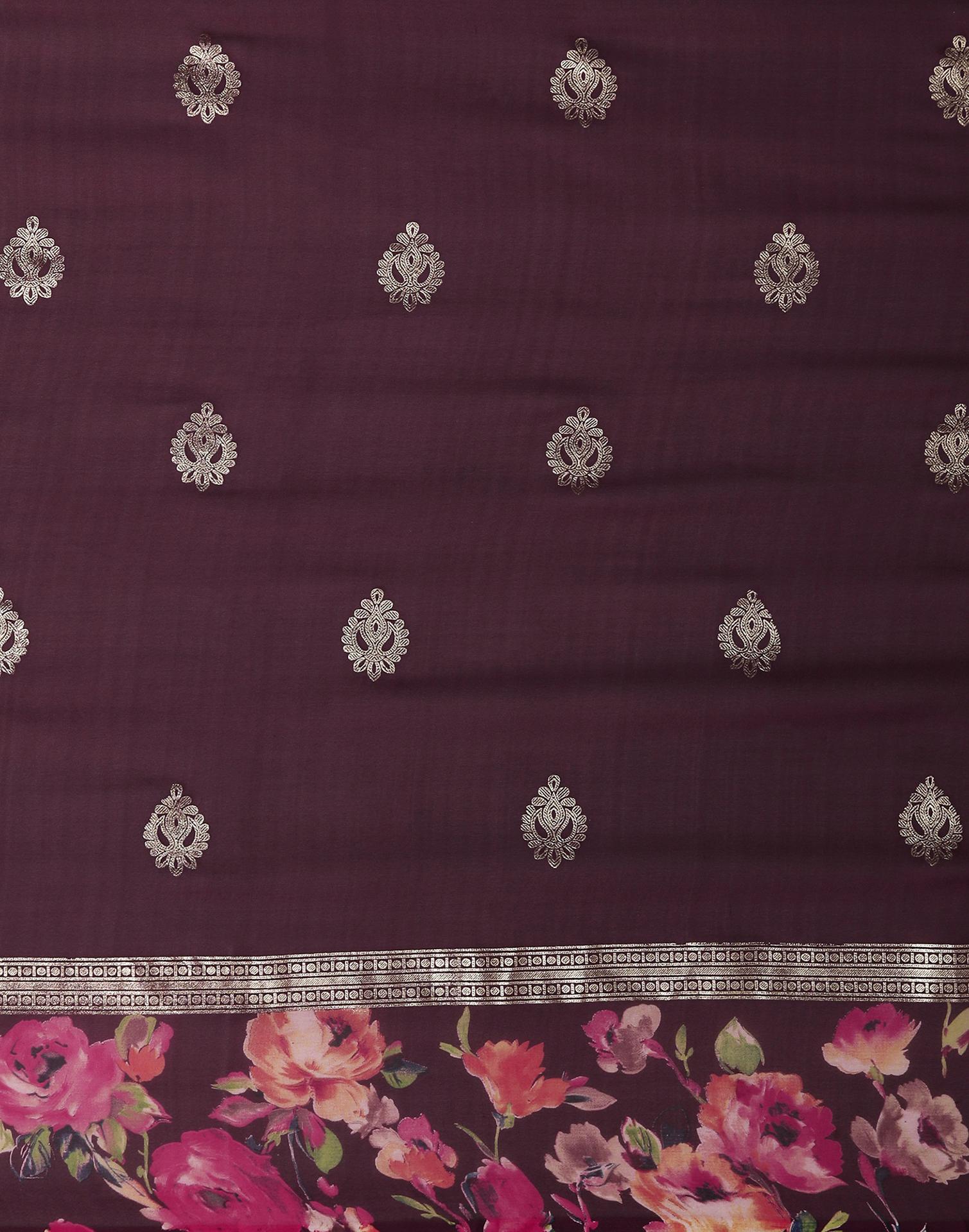 Wine Georgette Floral Printed Saree
