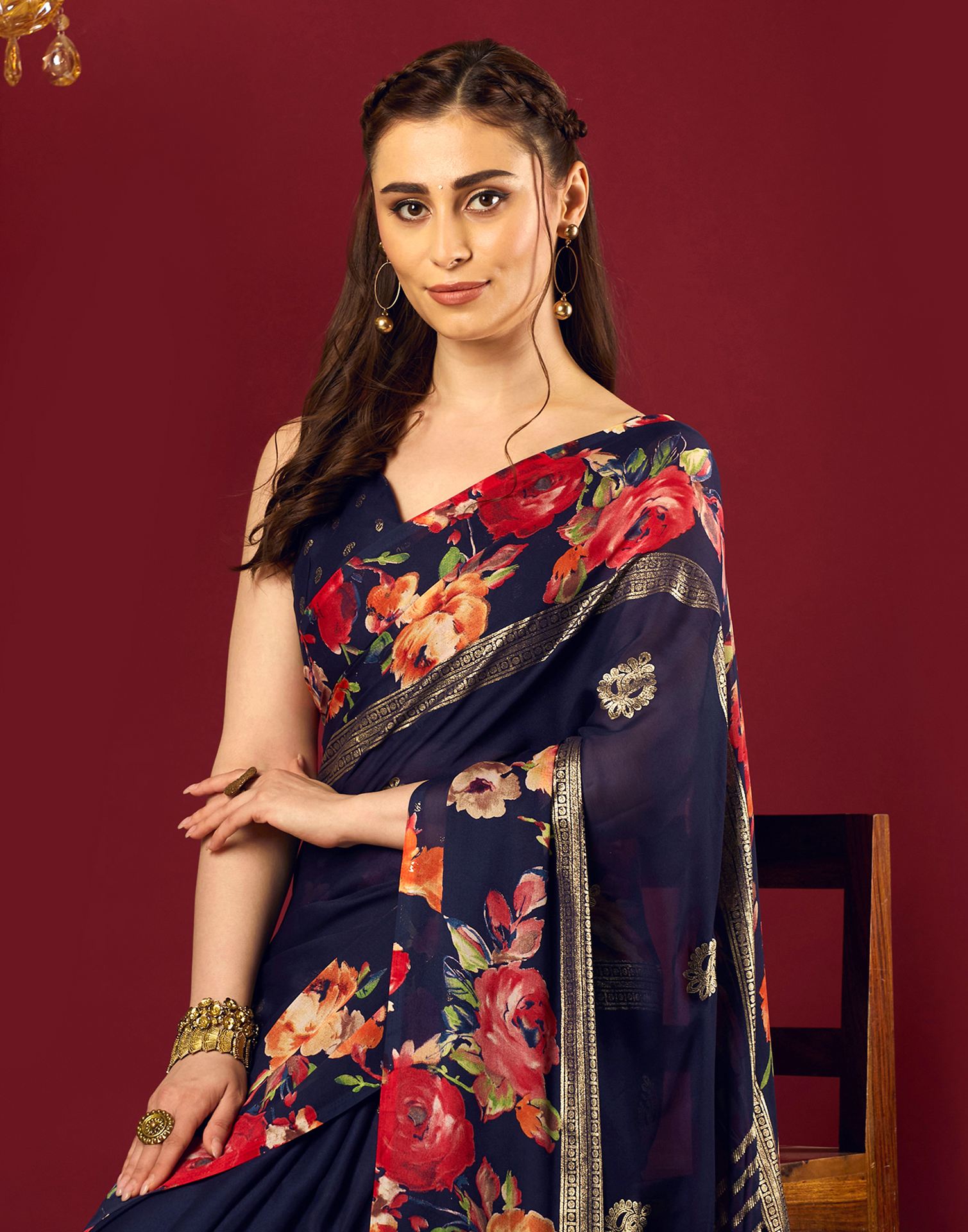 Navy Blue Georgette Floral Printed Saree