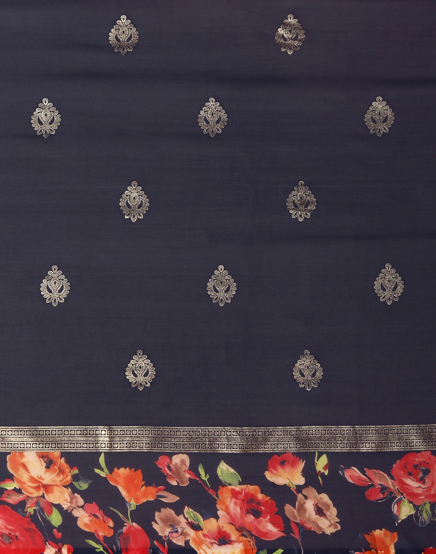 Navy Blue Georgette Floral Printed Saree