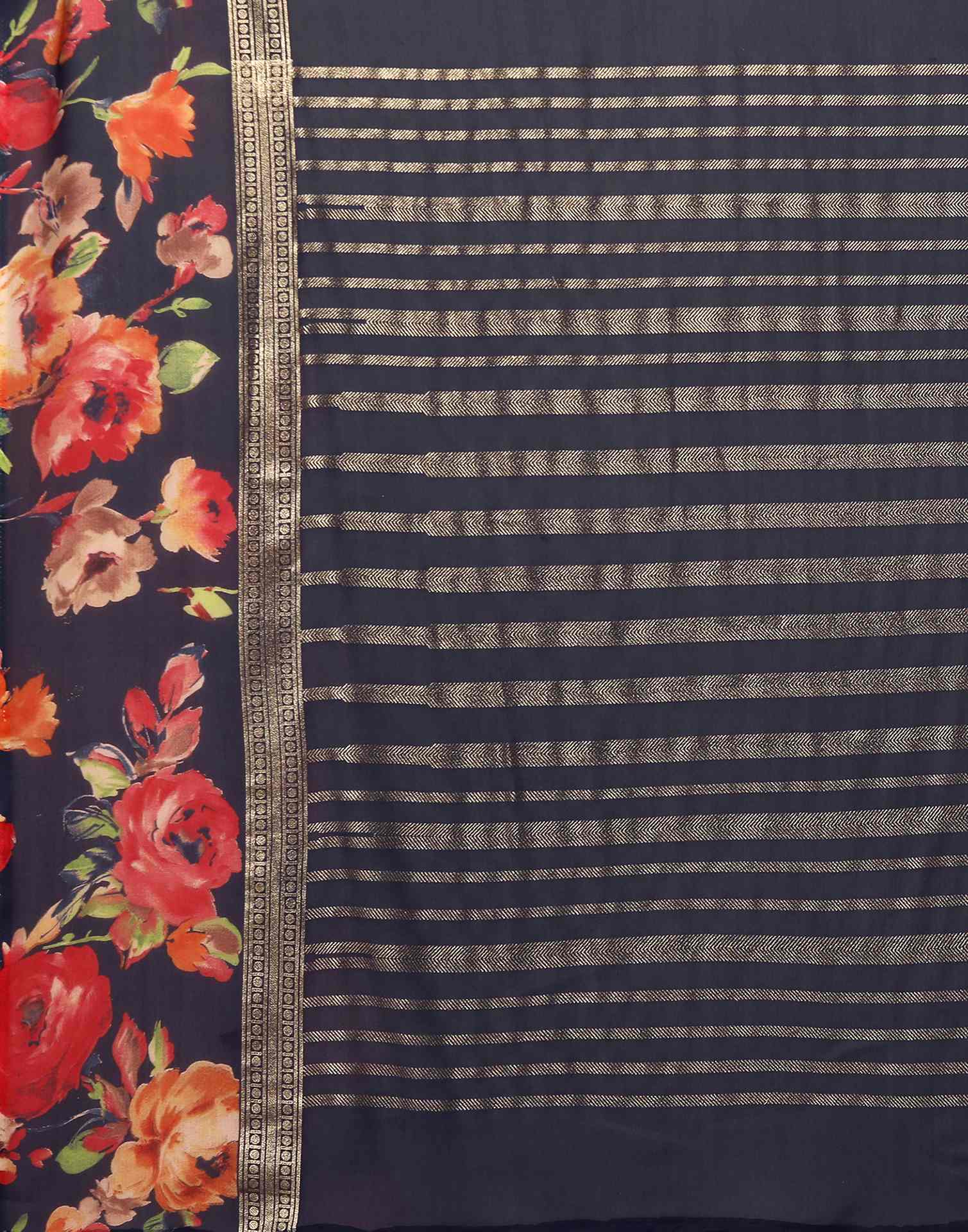 Navy Blue Georgette Floral Printed Saree