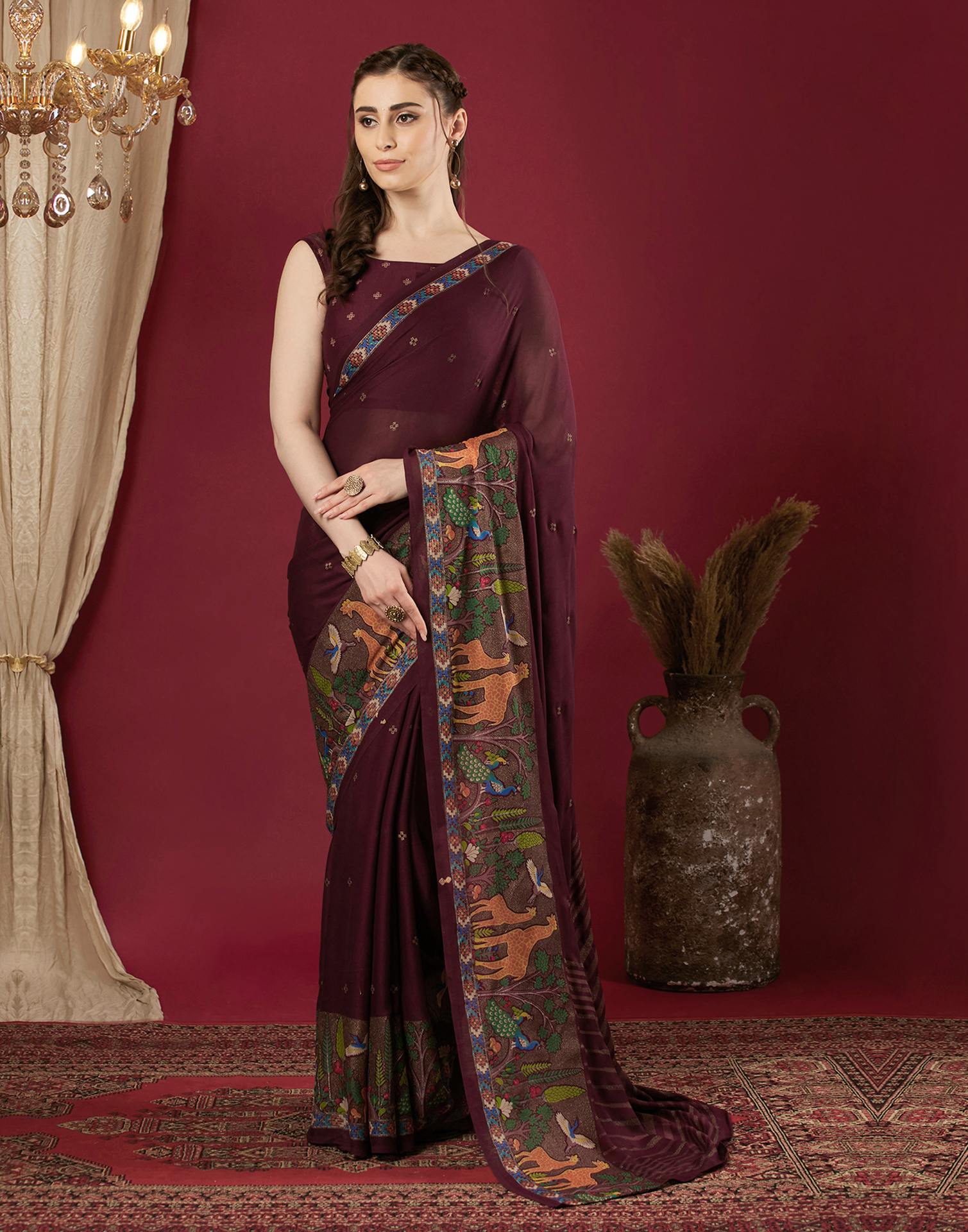 Wine Georgette Printed Saree