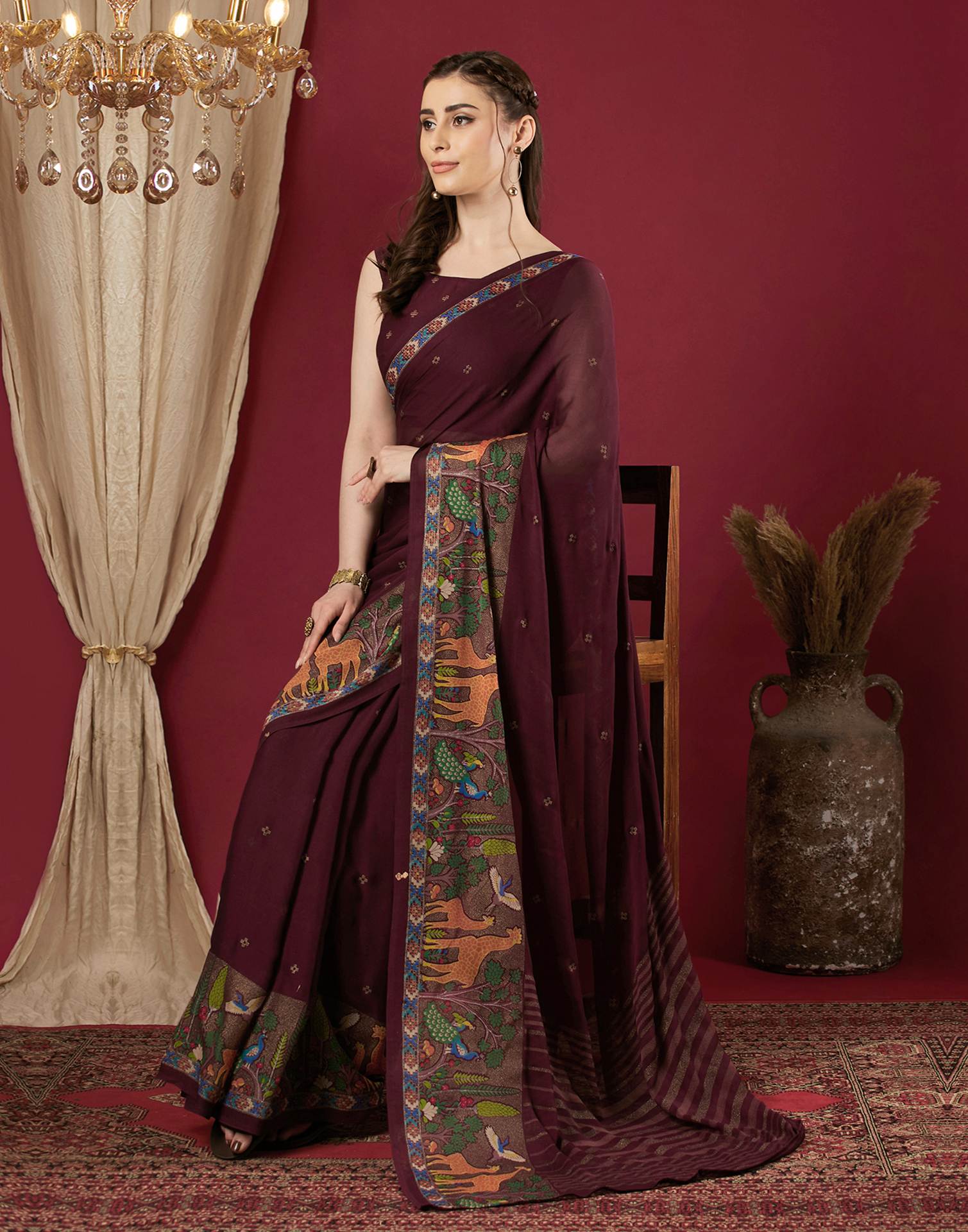 Wine Georgette Printed Saree