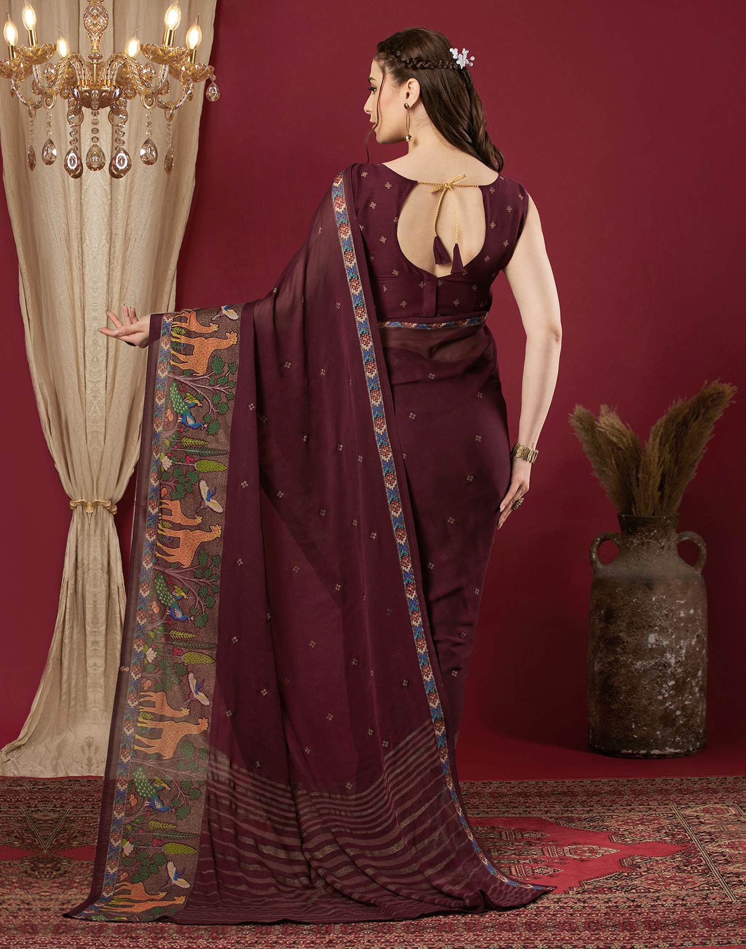Wine Georgette Printed Saree