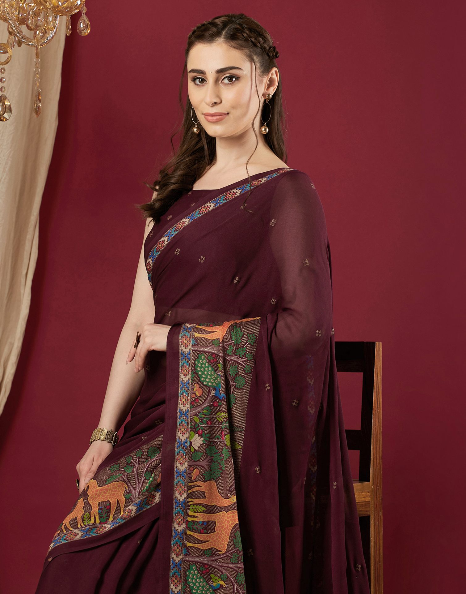 Wine Georgette Printed Saree