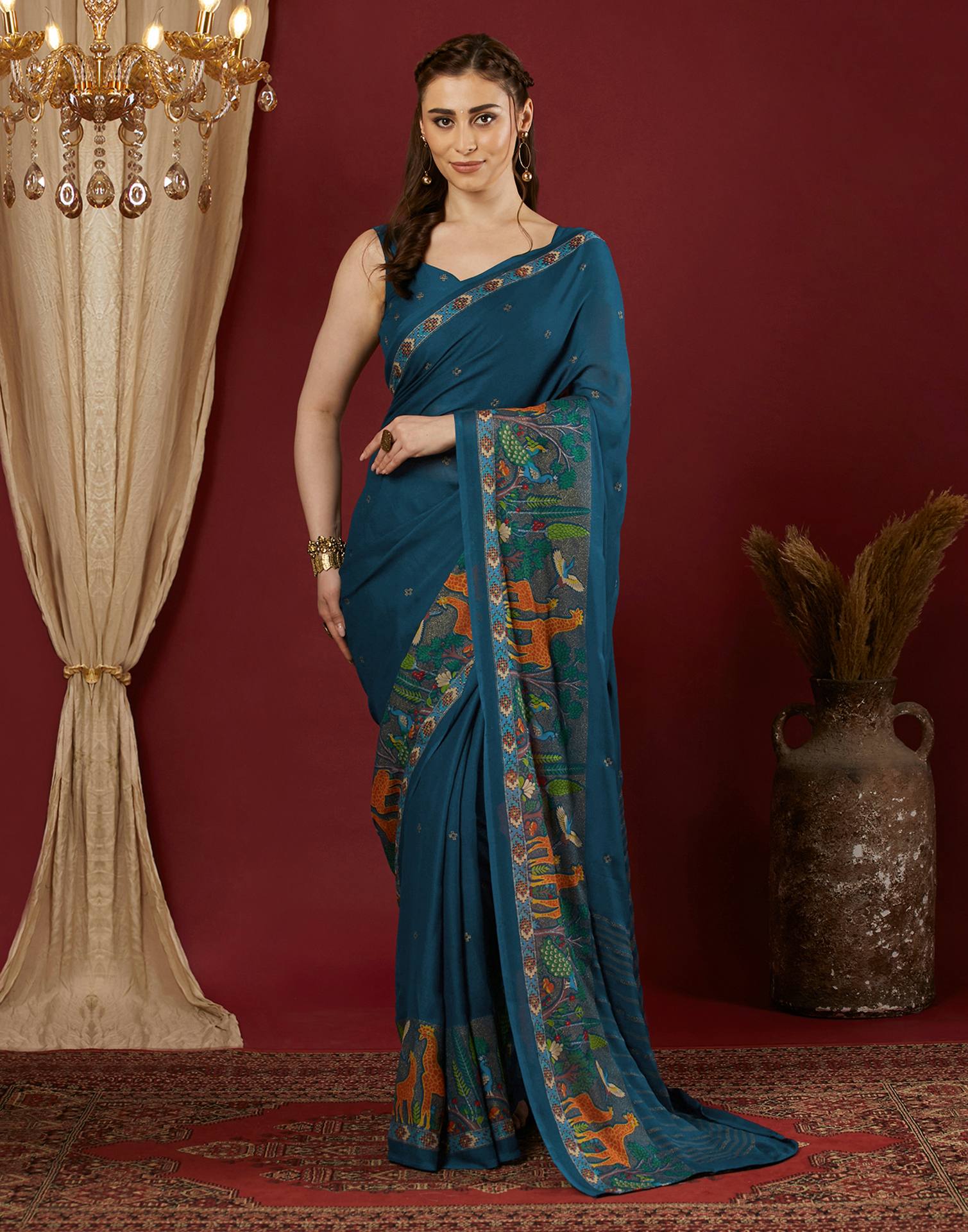 Rama Blue Georgette Printed Saree