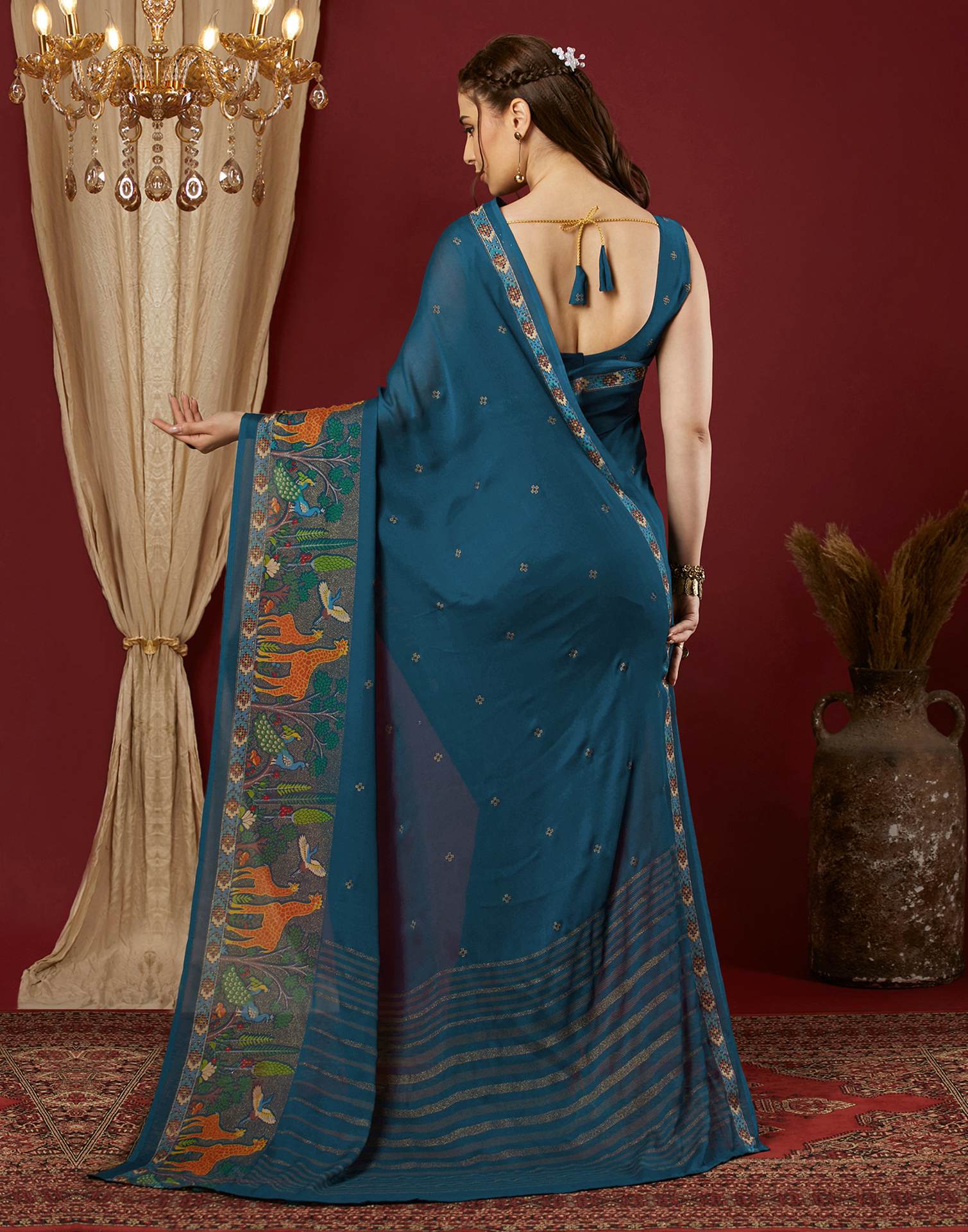 Rama Blue Georgette Printed Saree