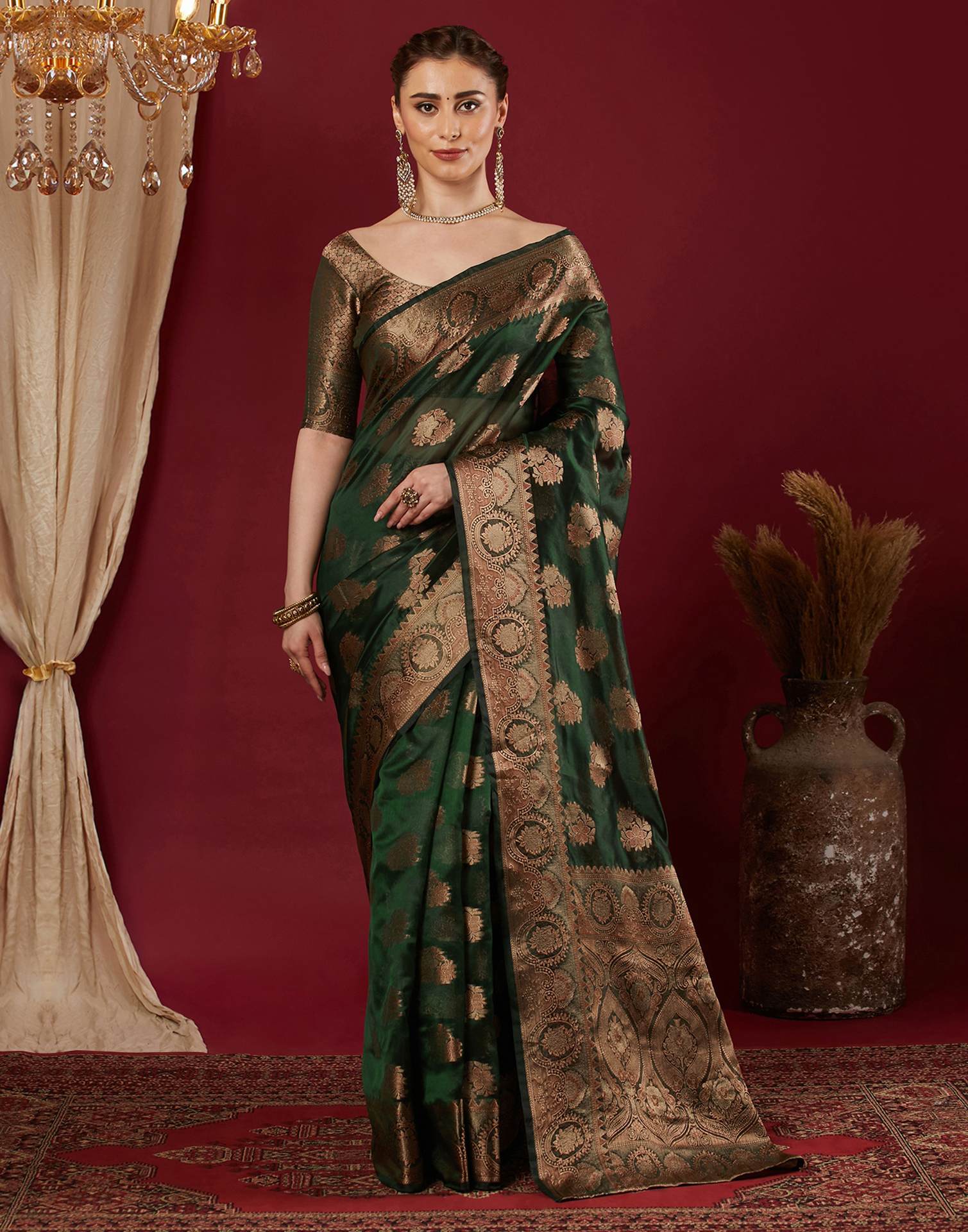 Dark Green Organza Woven Banarasi Saree