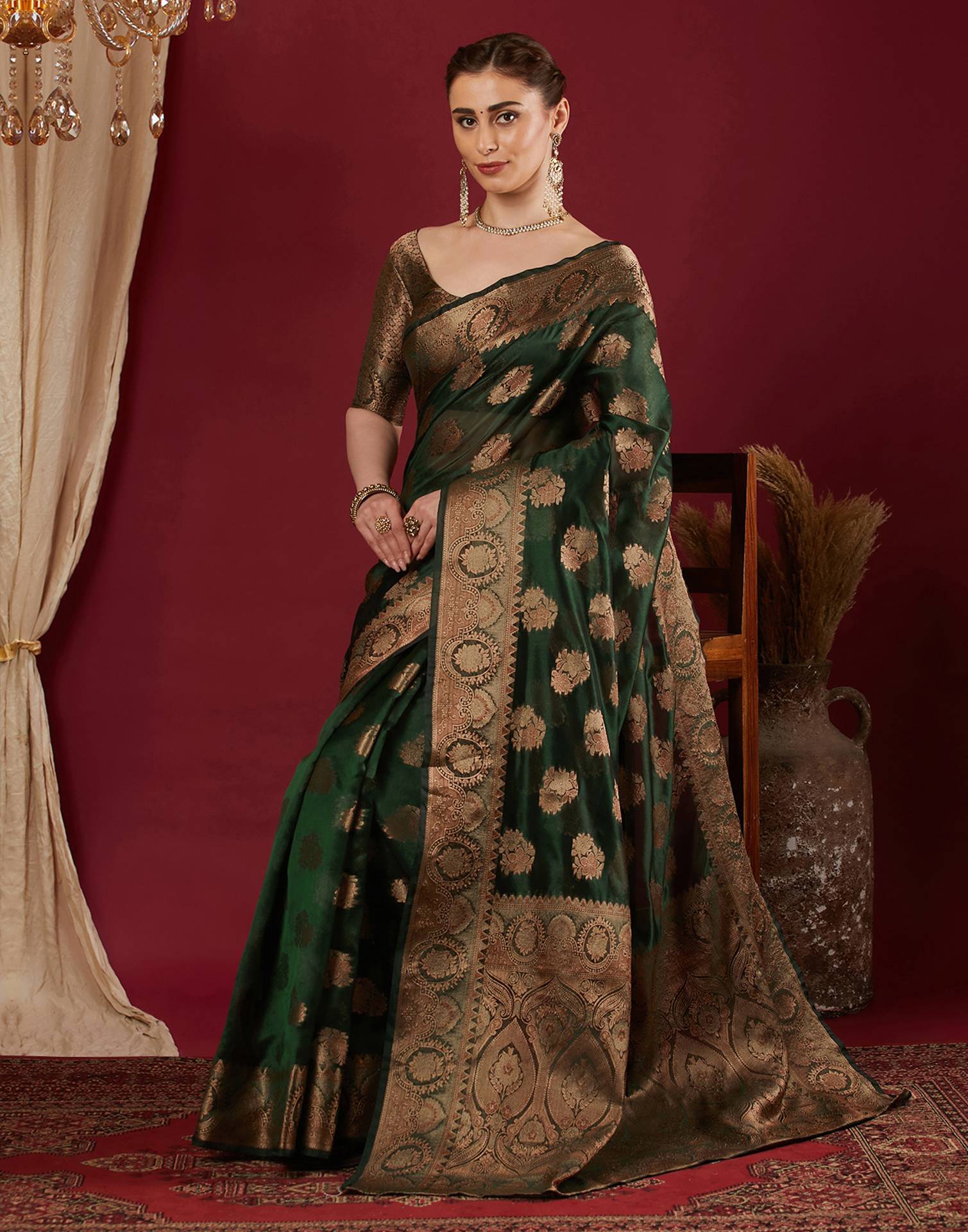 Dark Green Organza Woven Banarasi Saree