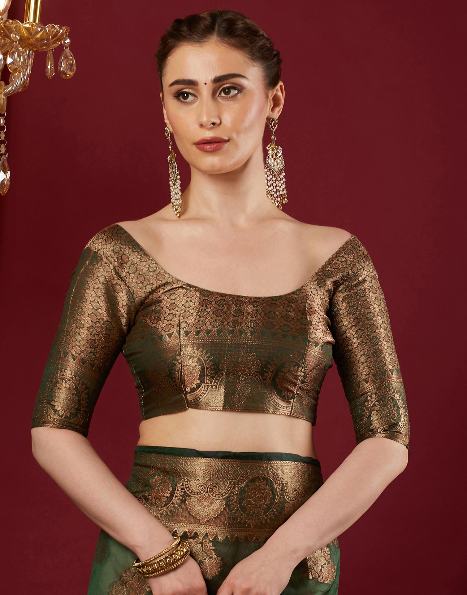 Dark Green Organza Woven Banarasi Saree