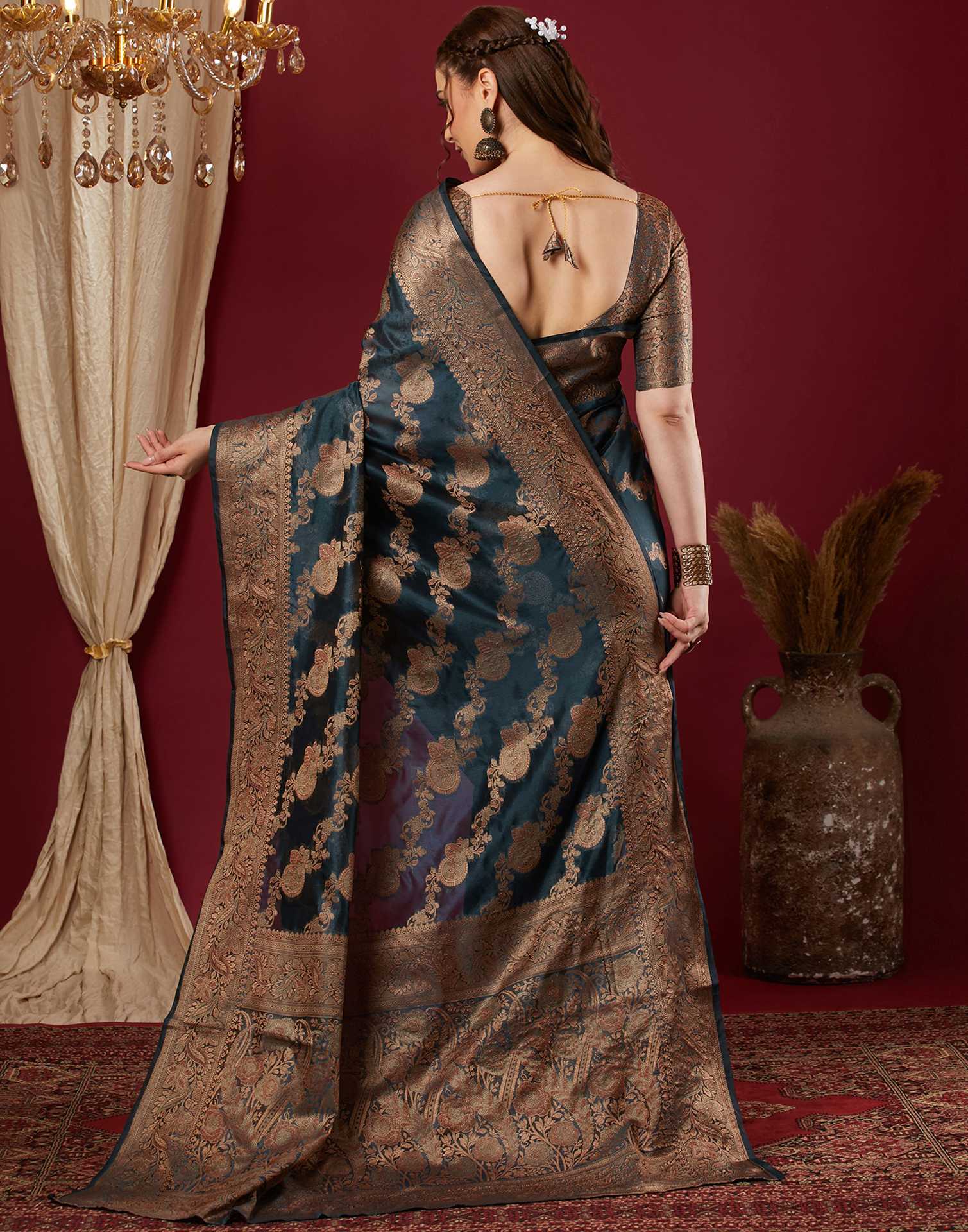 Rama Blue Organza Woven Banarasi Saree