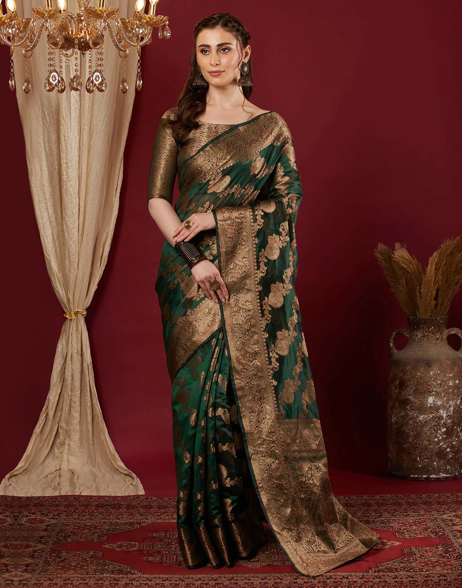 Dark Green Organza Woven Banarasi Saree