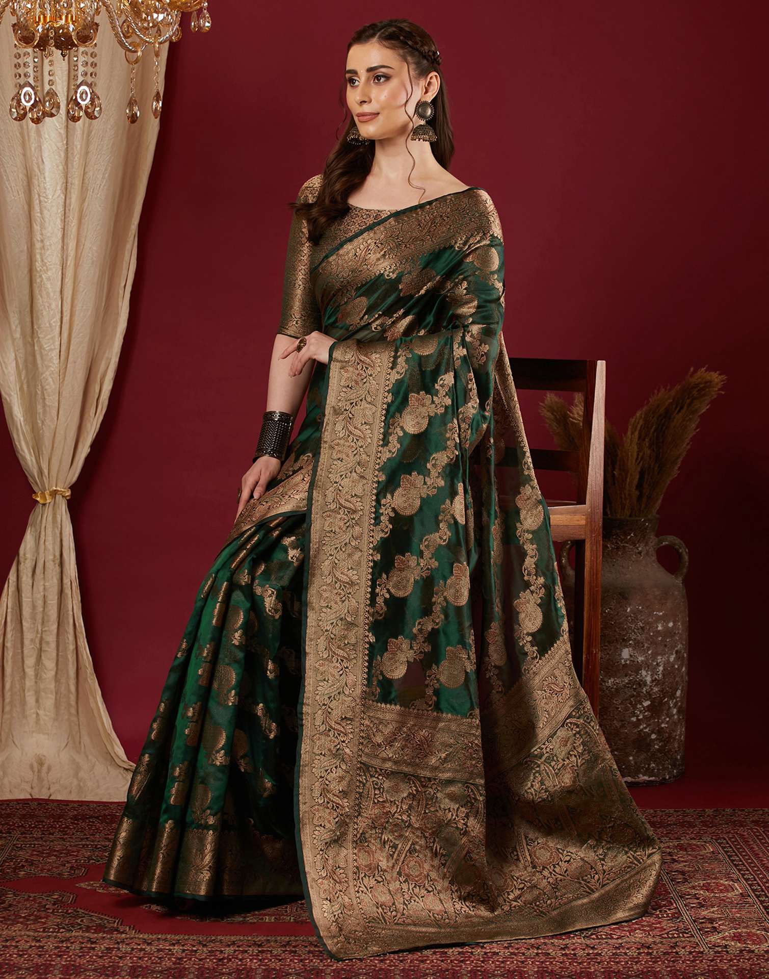 Dark Green Organza Woven Banarasi Saree
