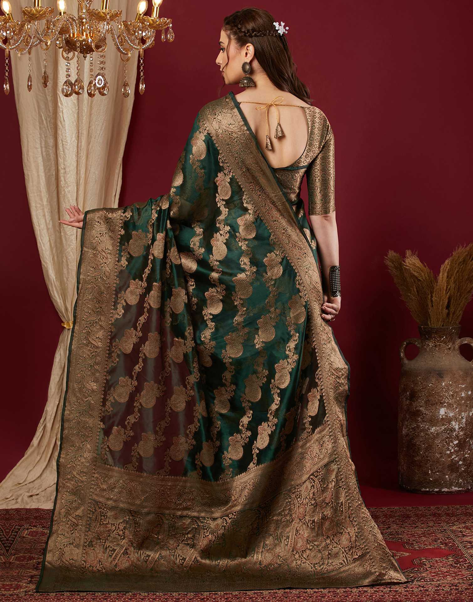 Dark Green Organza Woven Banarasi Saree