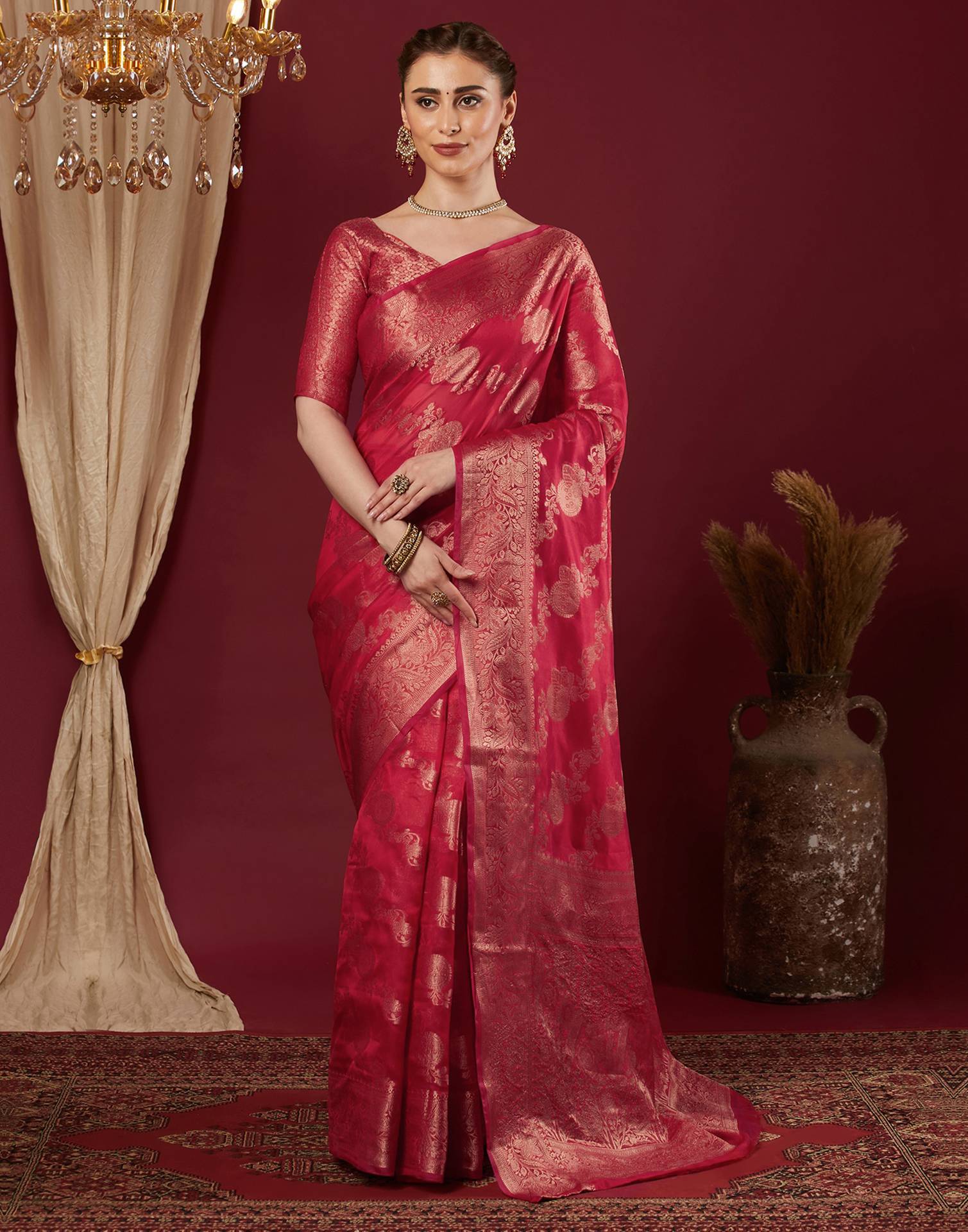 Cherry Red Organza Woven Banarasi Saree