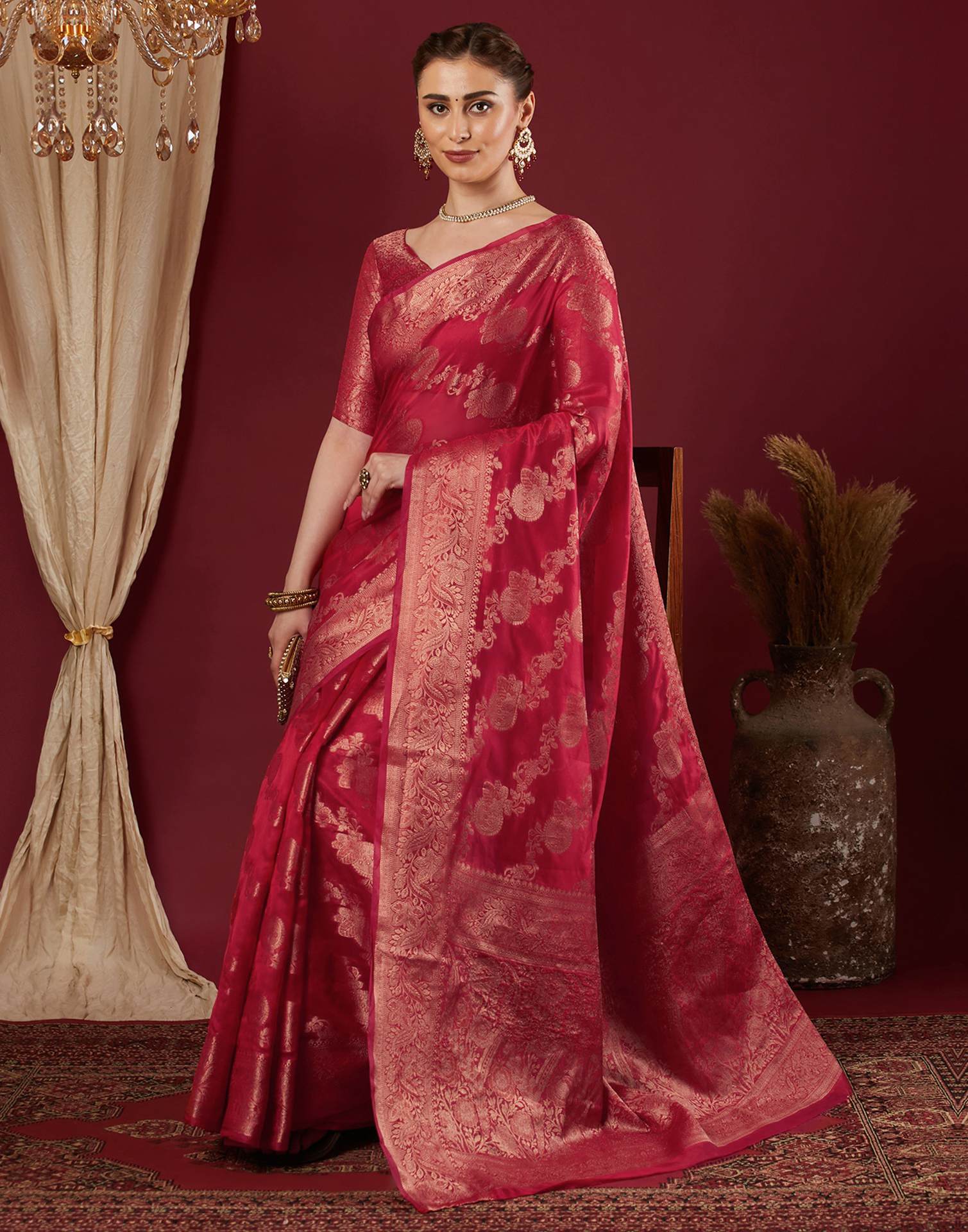 Cherry Red Organza Woven Banarasi Saree
