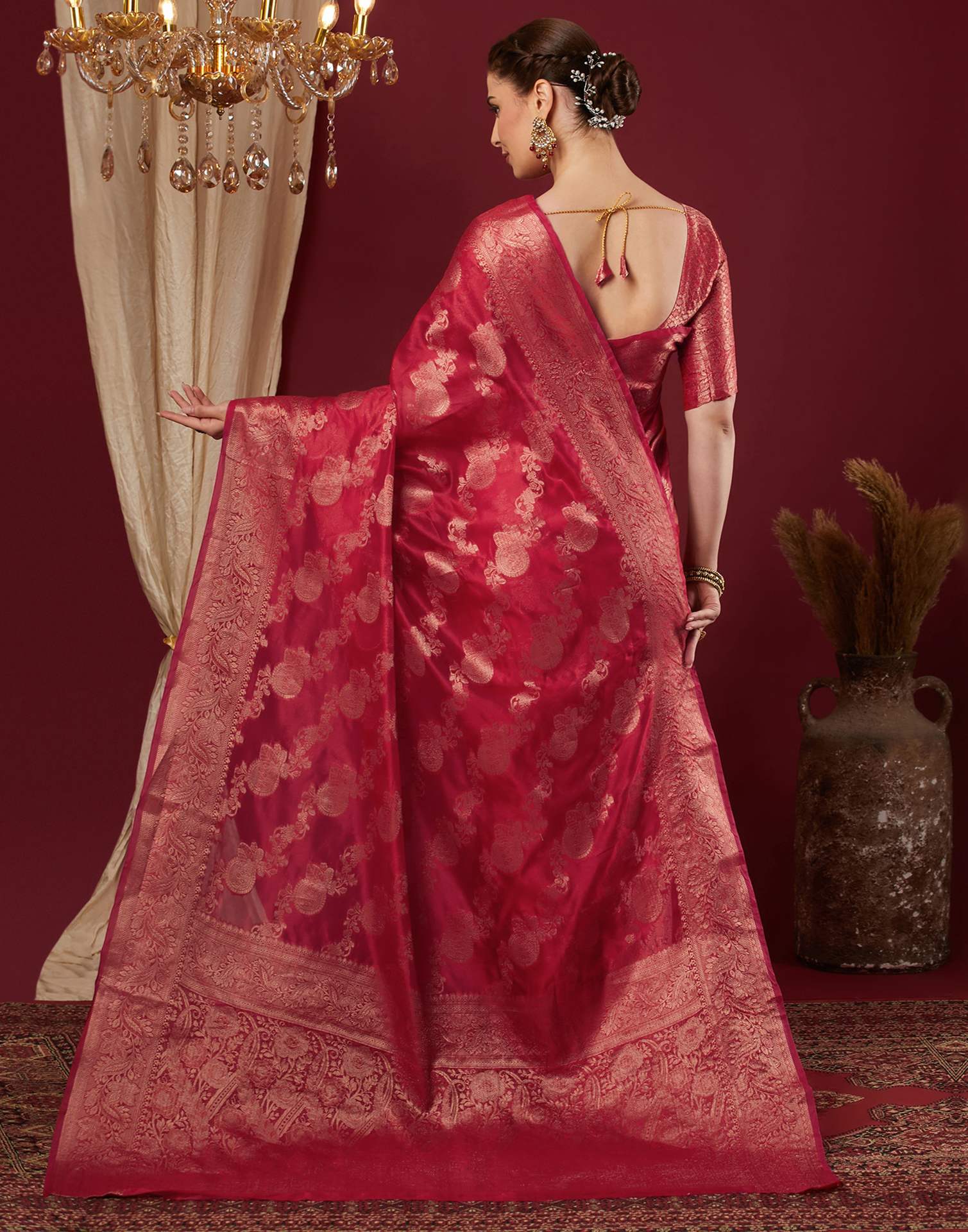Cherry Red Organza Woven Banarasi Saree