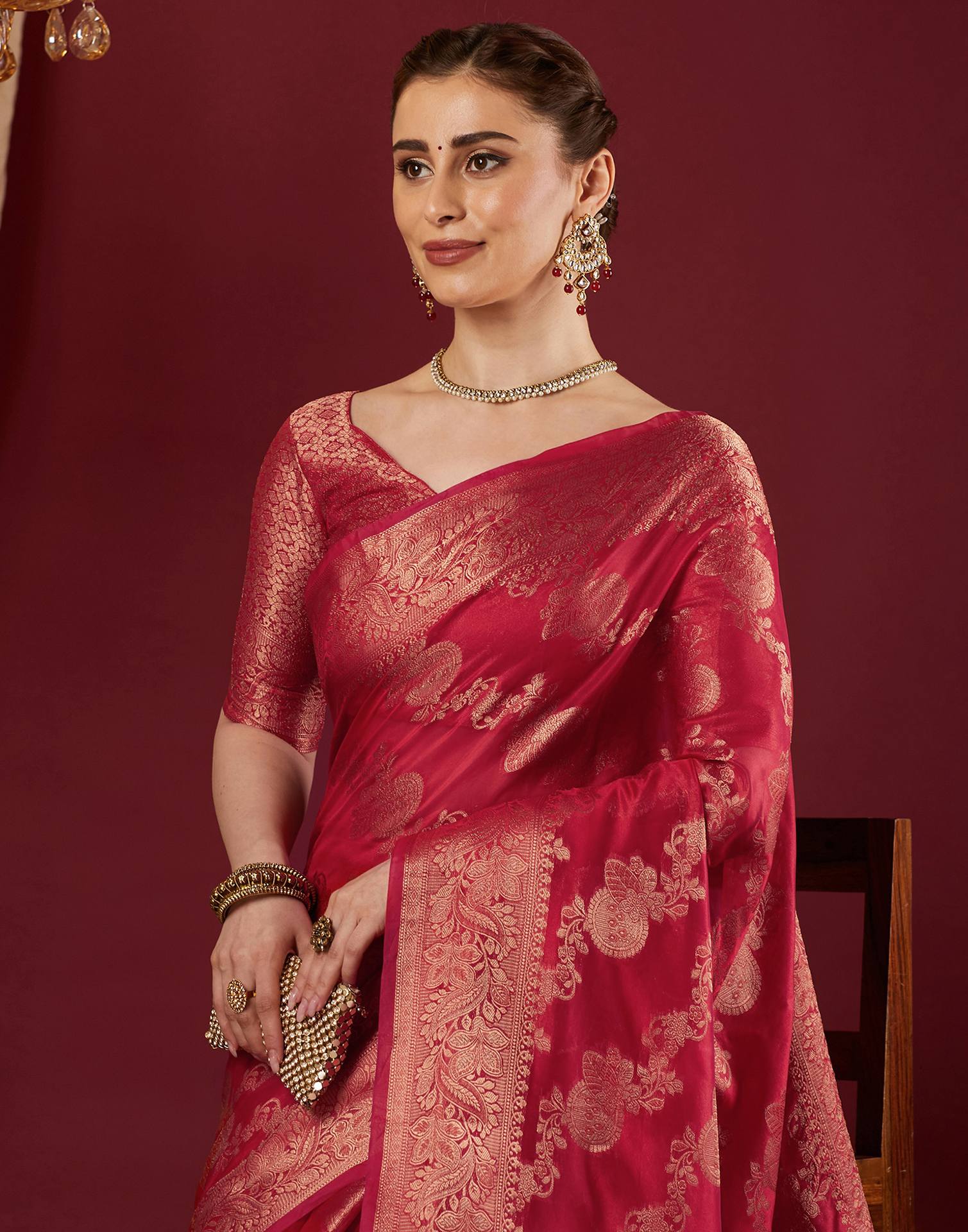 Cherry Red Organza Woven Banarasi Saree
