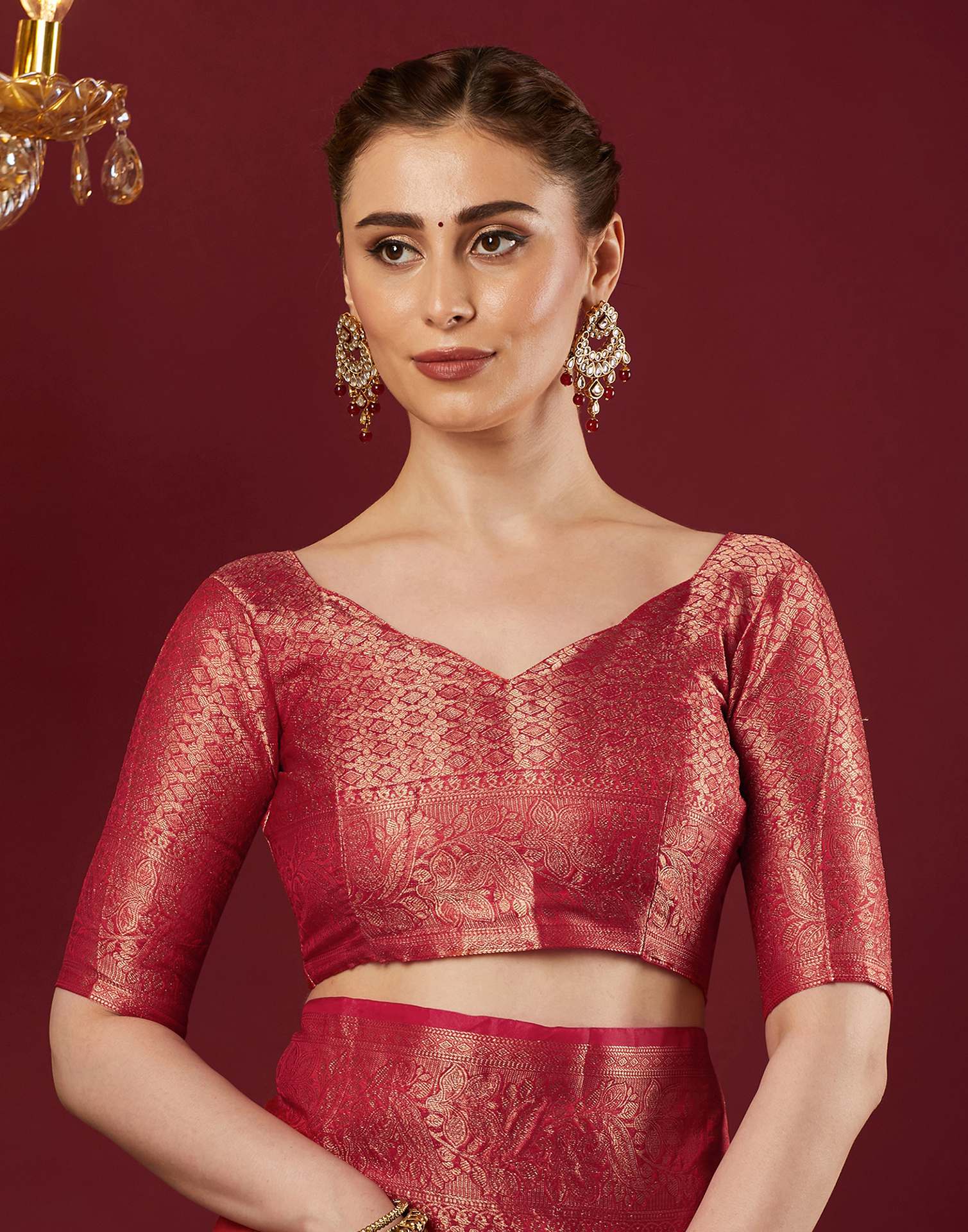 Cherry Red Organza Woven Banarasi Saree