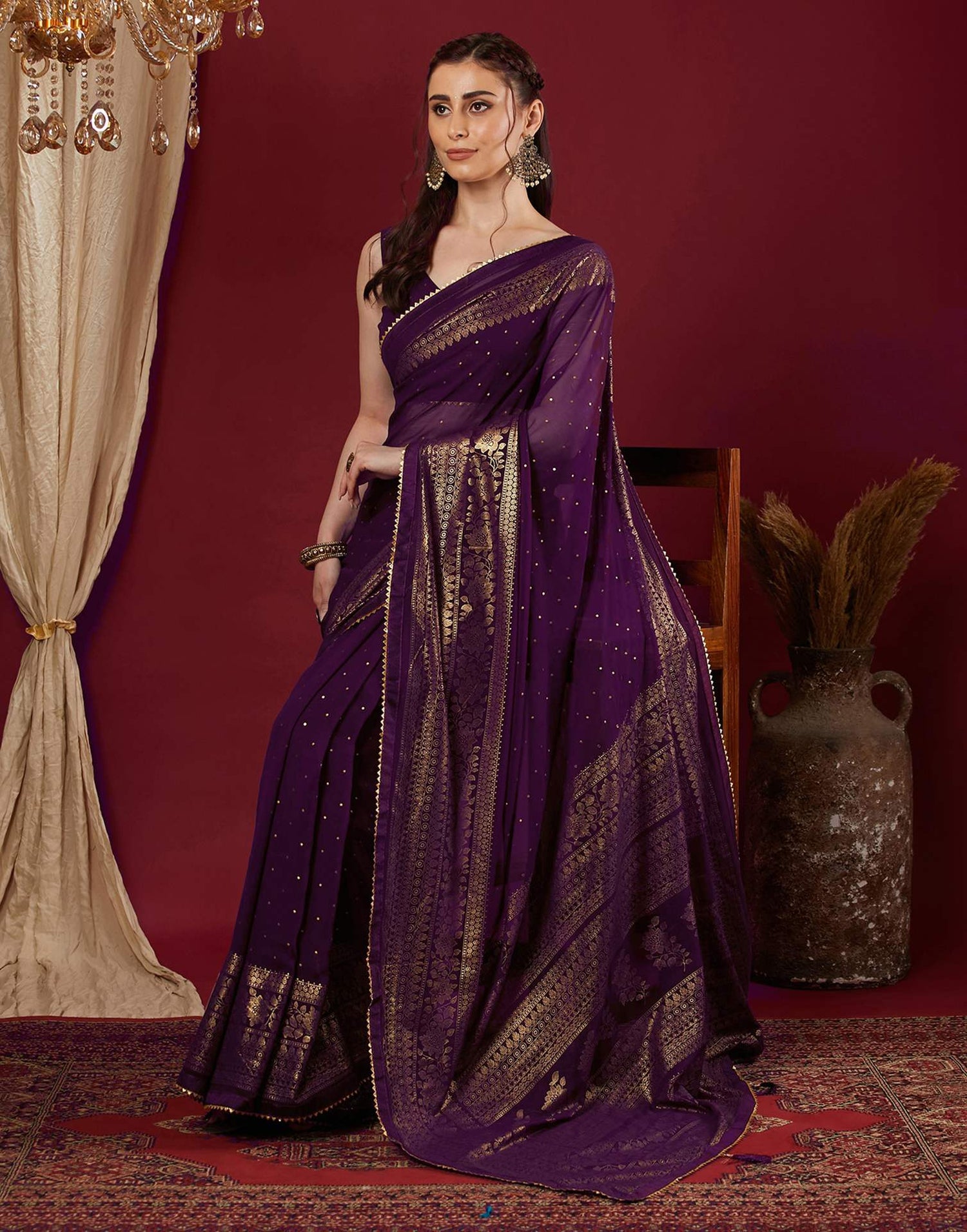 Wine Georgette Foil Printed Saree