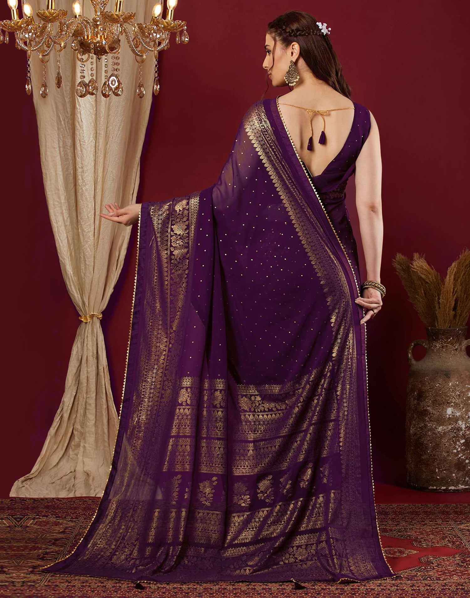 Wine Georgette Foil Printed Saree