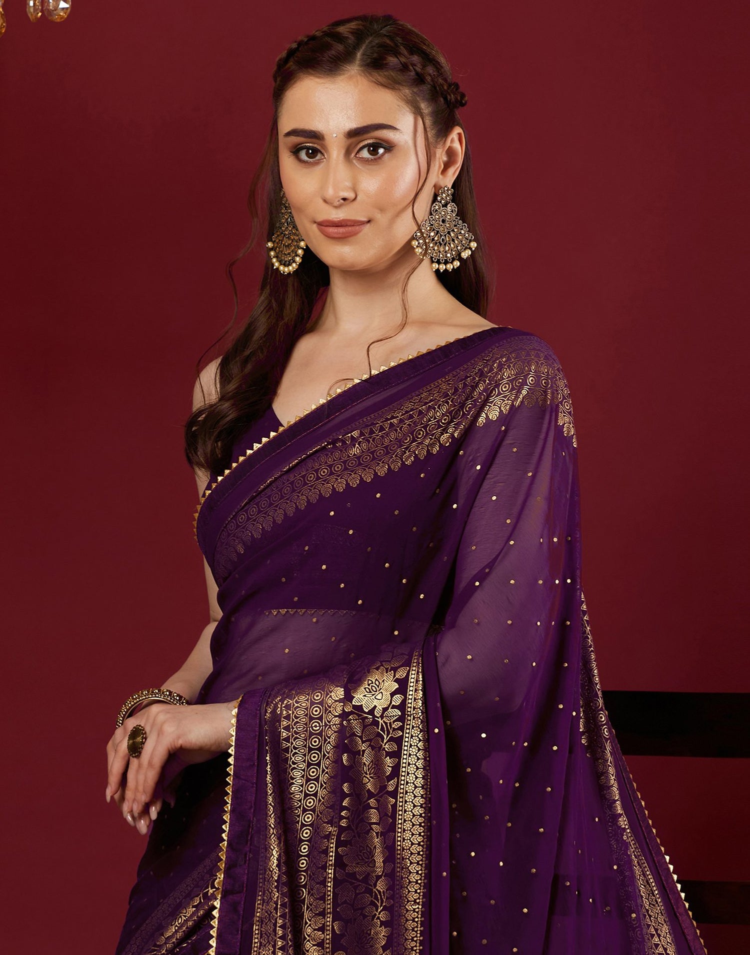 Wine Georgette Foil Printed Saree