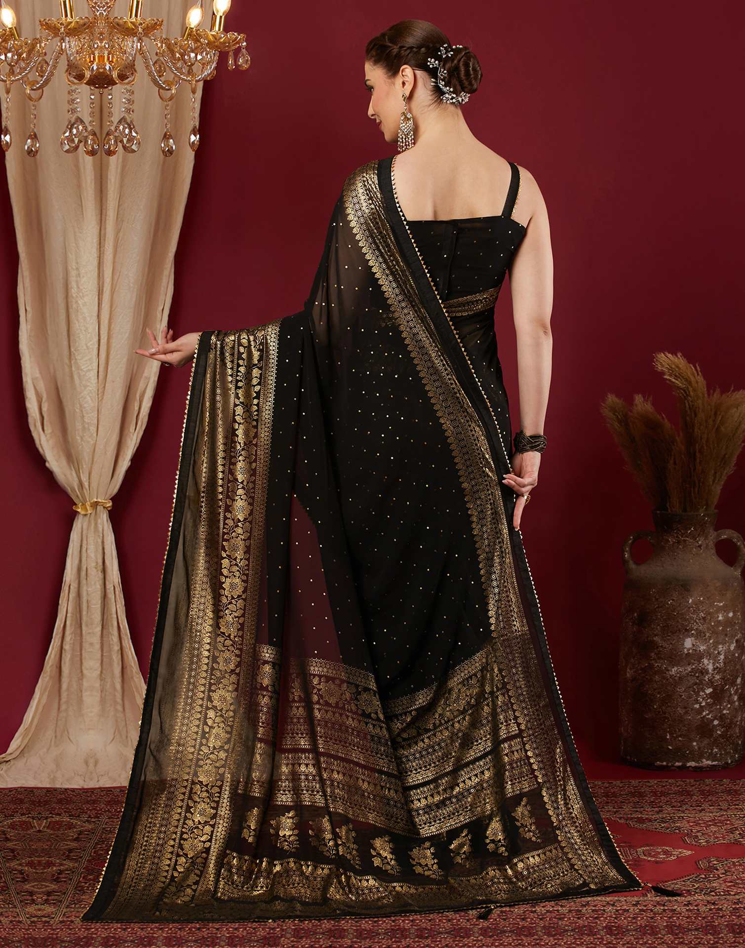 Black Georgette Foil Printed Saree