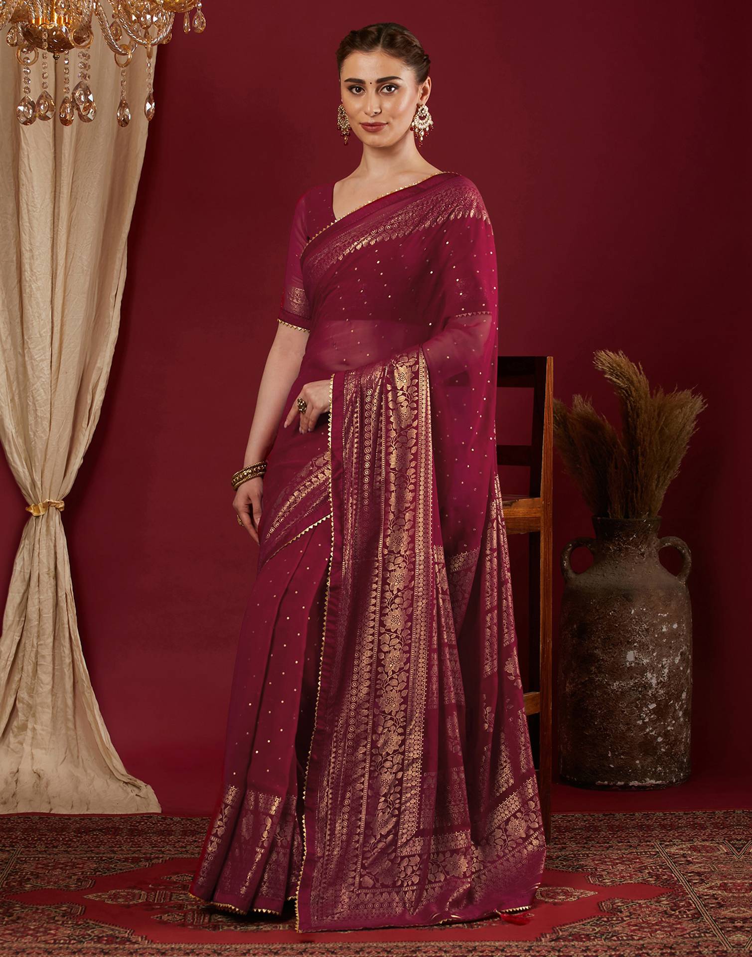 Rani Pink Georgette Foil Printed Saree