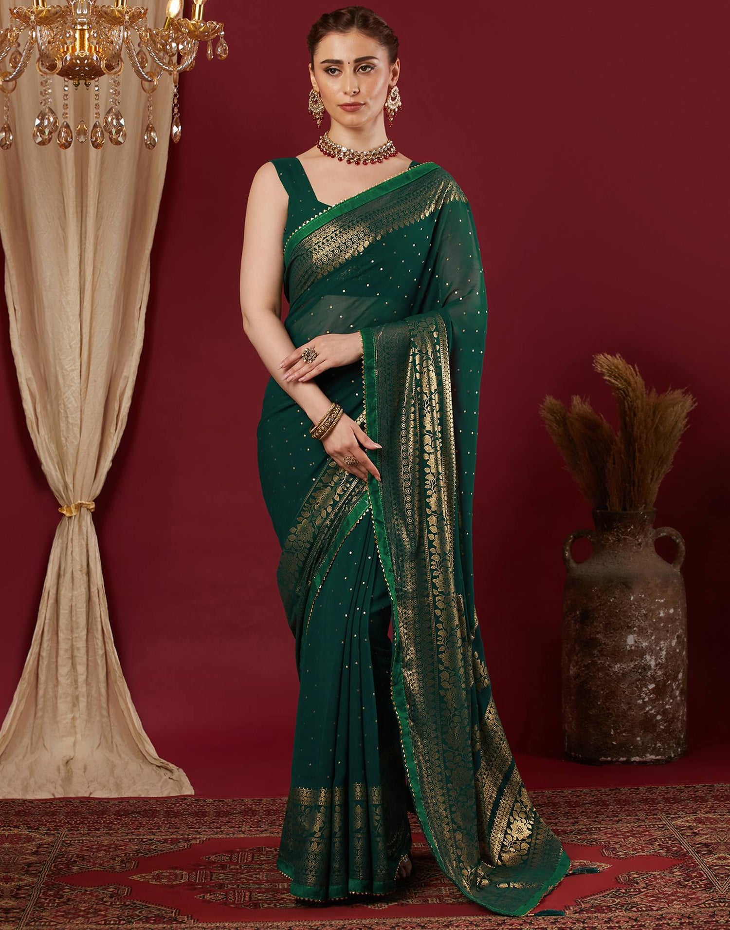 Dark Green Georgette Foil Printed Saree