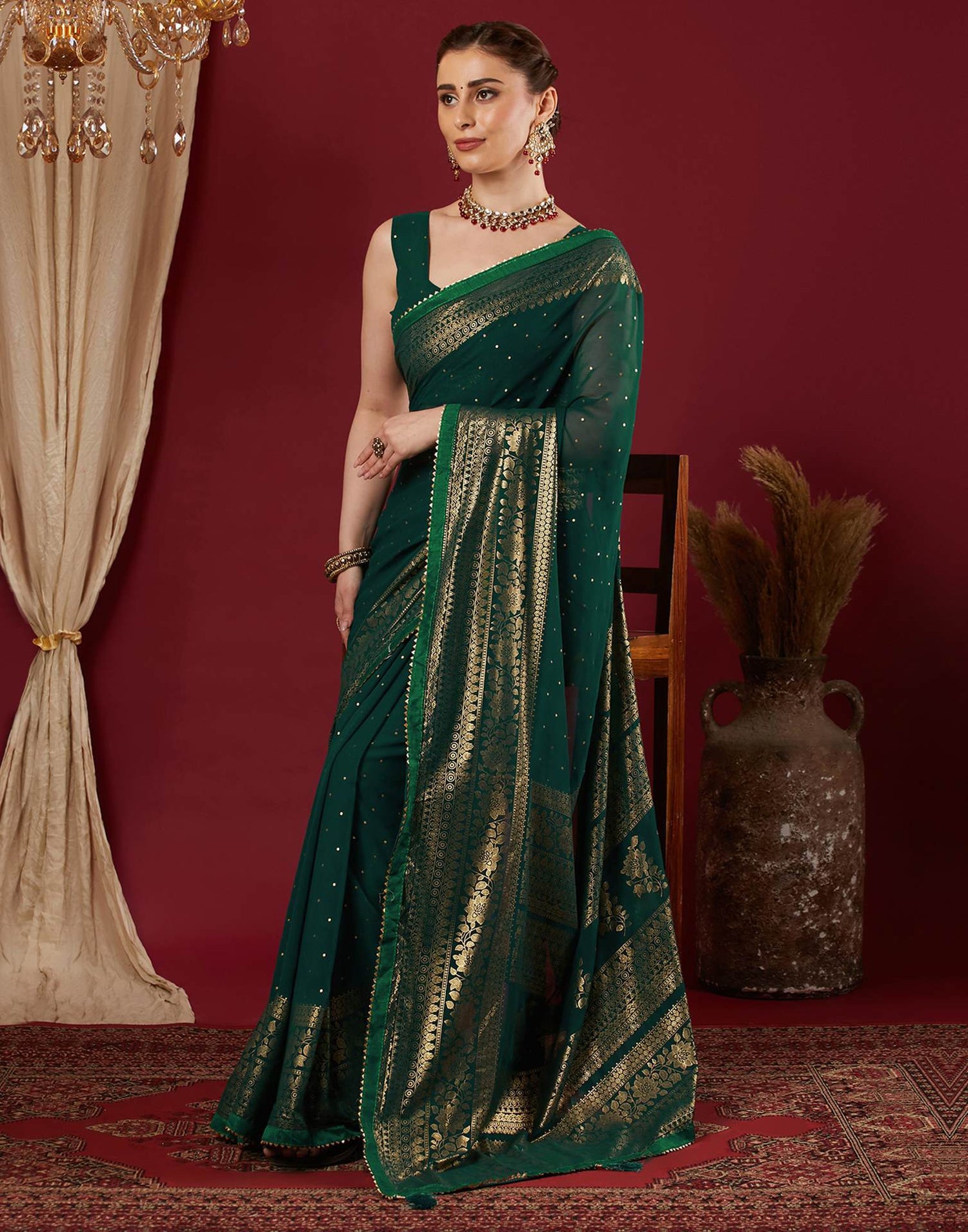 Dark Green Georgette Foil Printed Saree
