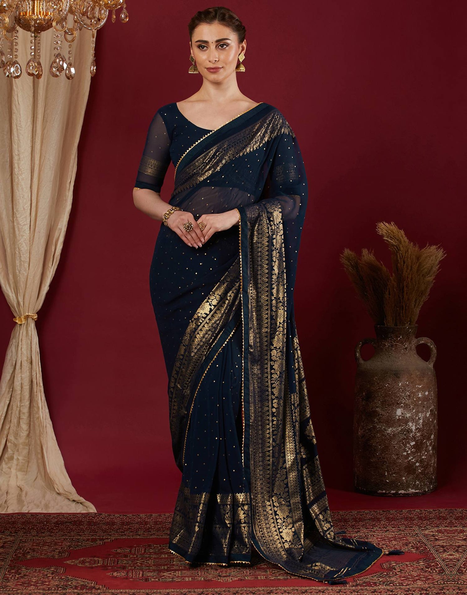 Navy Blue Georgette Foil Printed Saree