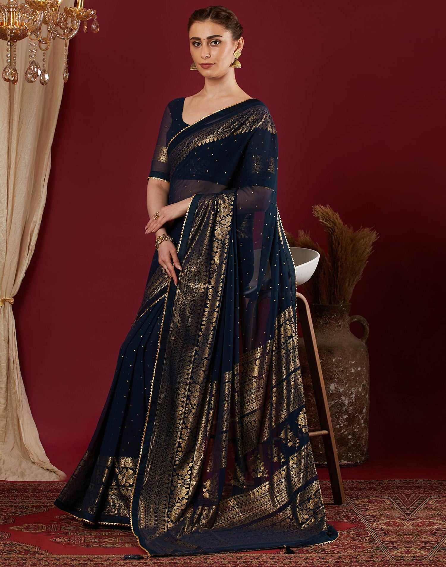 Navy Blue Georgette Foil Printed Saree
